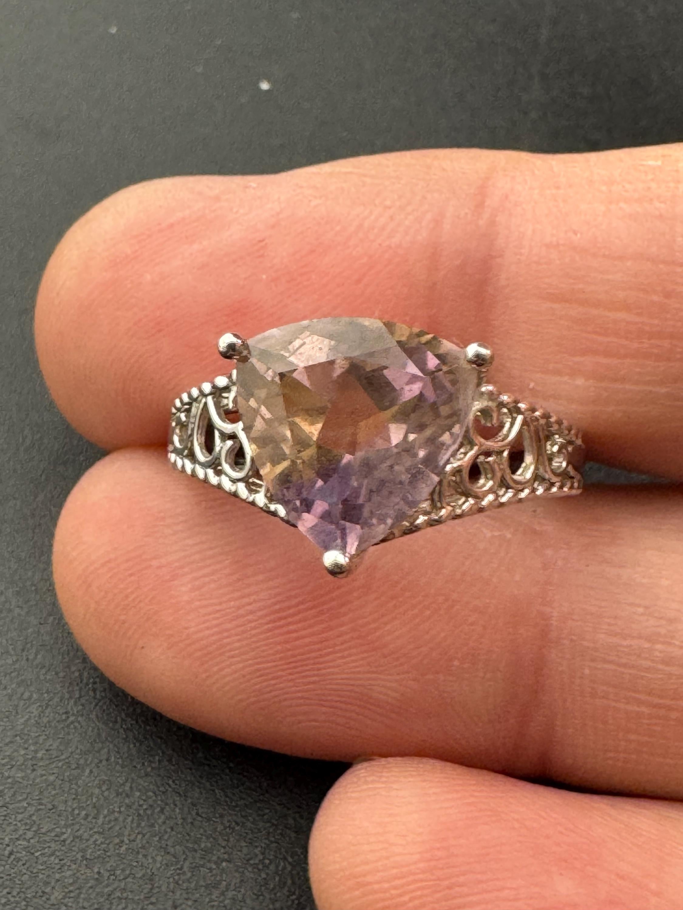 Retro Citrine & Pink Gemstone Ring: Sterling Silver 925, UK Size N.5