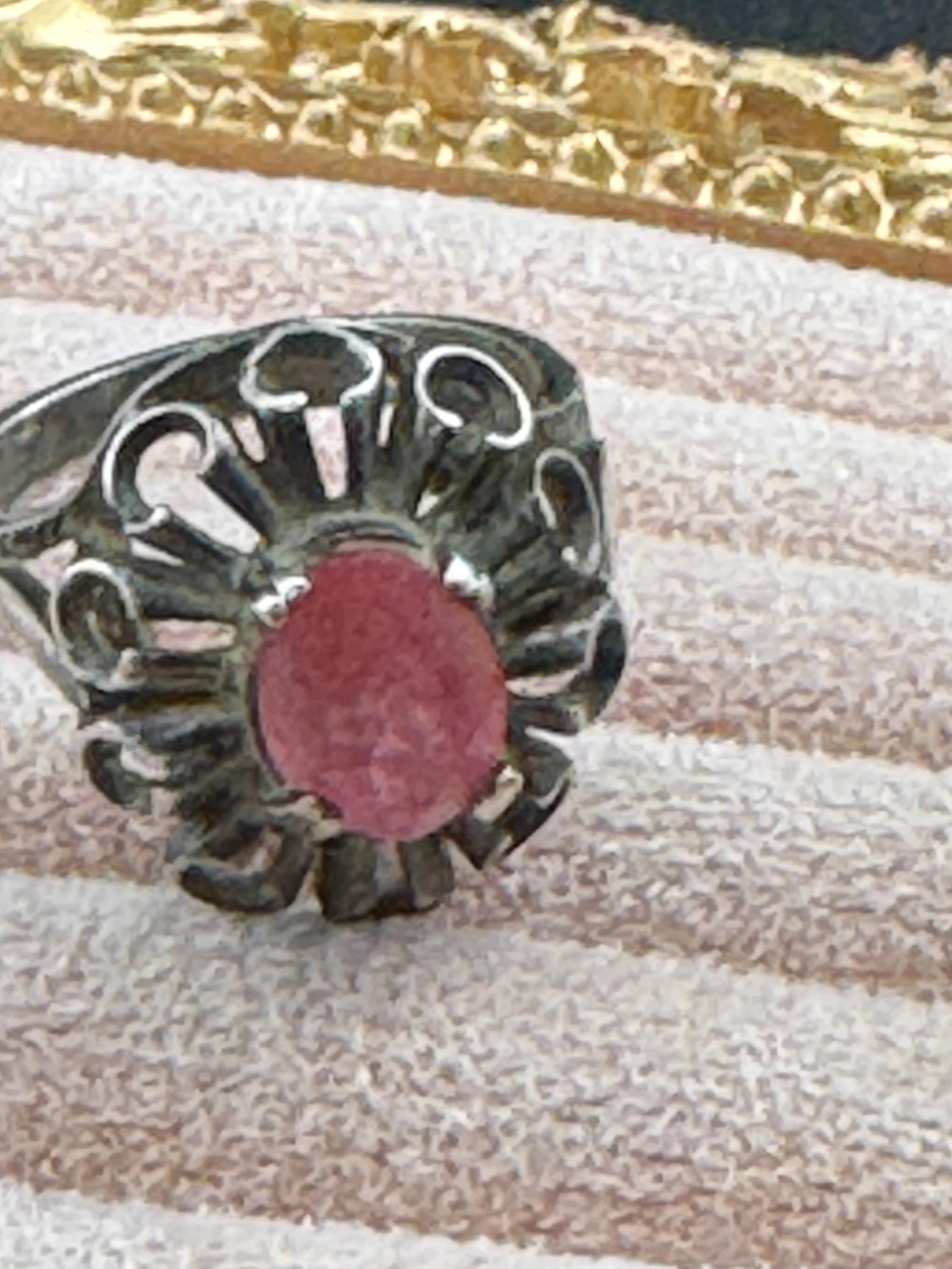 Vintage Pink Gemstone Cocktail Ring: Sterling Silver Modernist Dress Ring, UK Size J.5