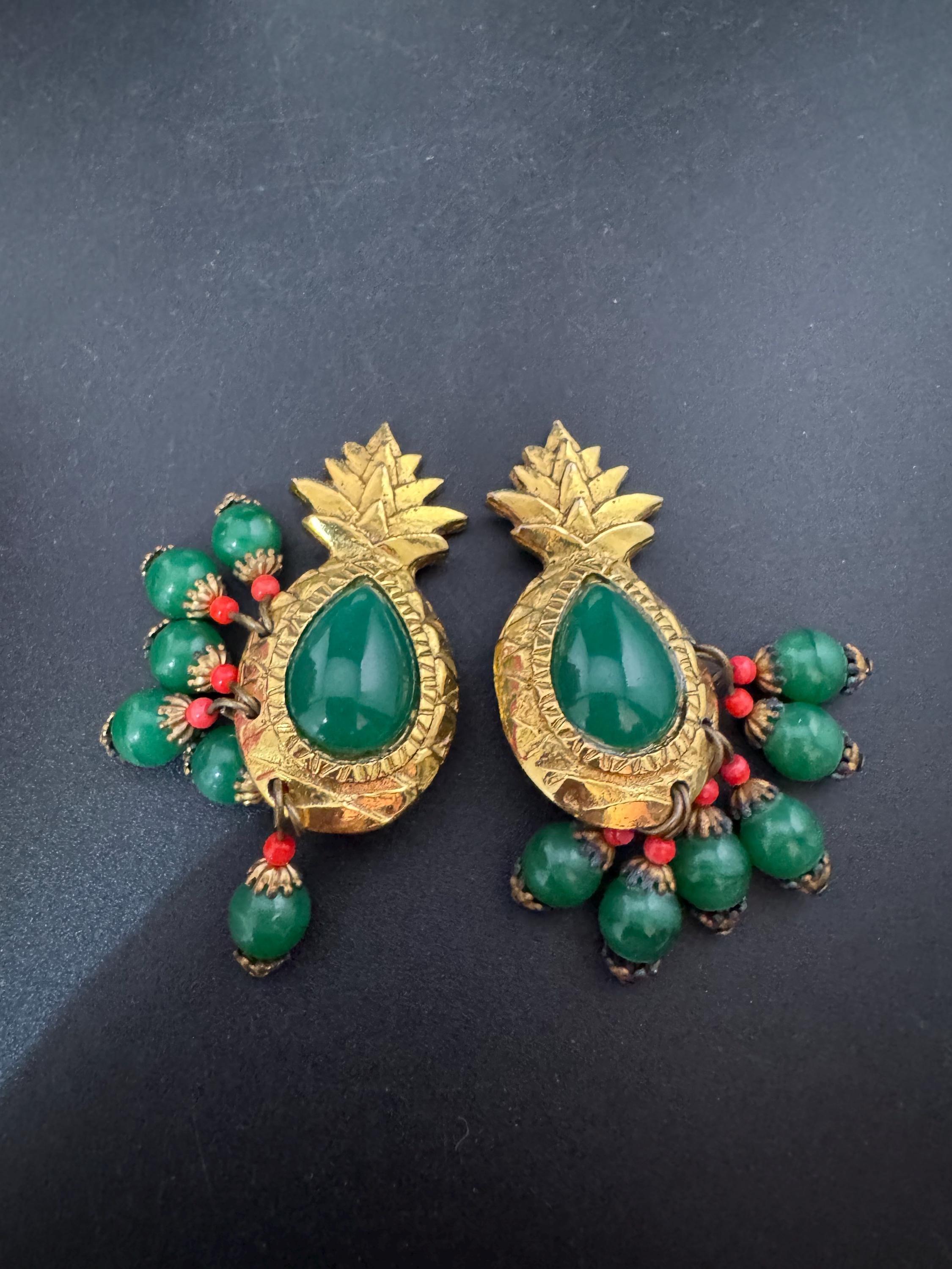 Vintage 1980s Beaded Pineapple Clip On Earrings: Abbey Road USA Signed