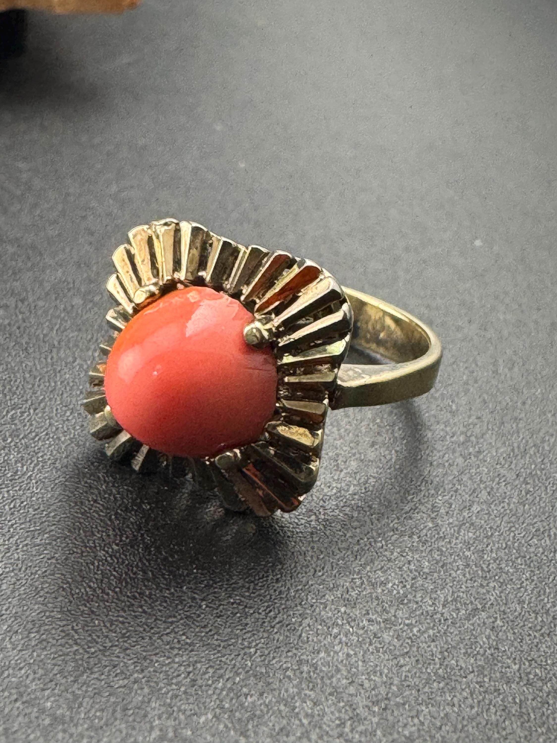 Gold on 925 sterling silver gilt coral cabochon modernist dress ring UK size L M