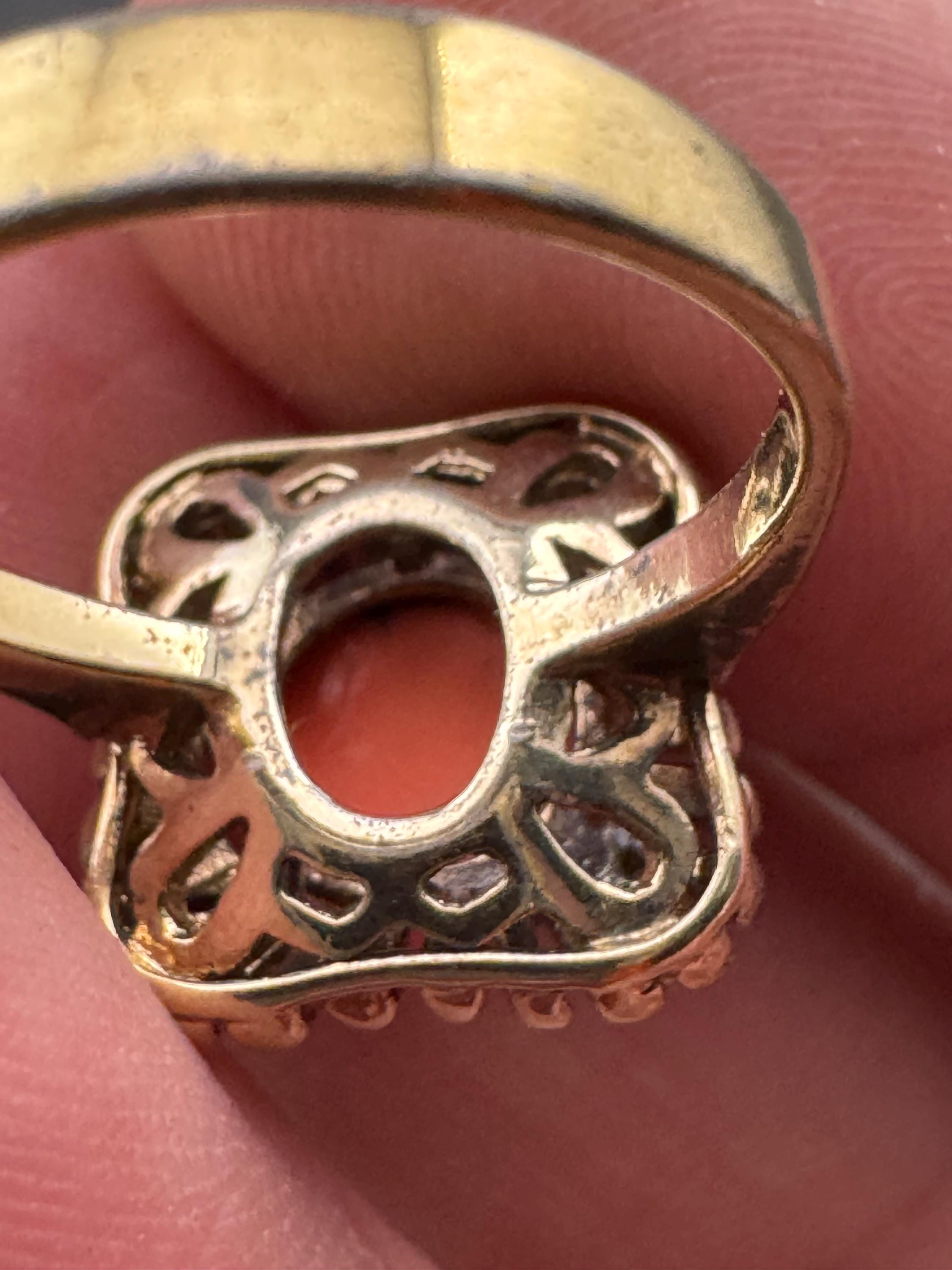 Gold on 925 sterling silver gilt coral cabochon modernist dress ring UK size L M