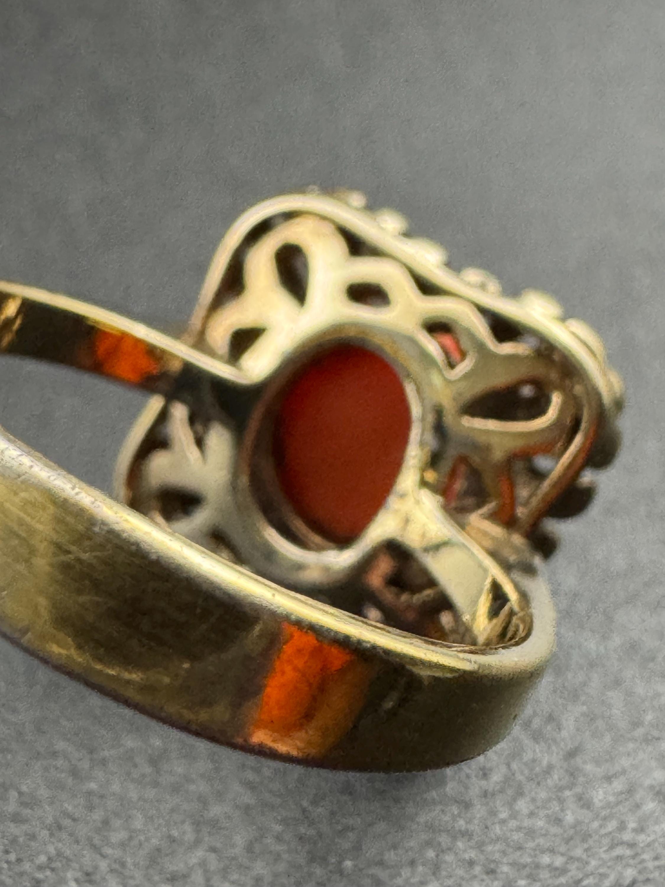 Gold on 925 sterling silver gilt coral cabochon modernist dress ring UK size L M