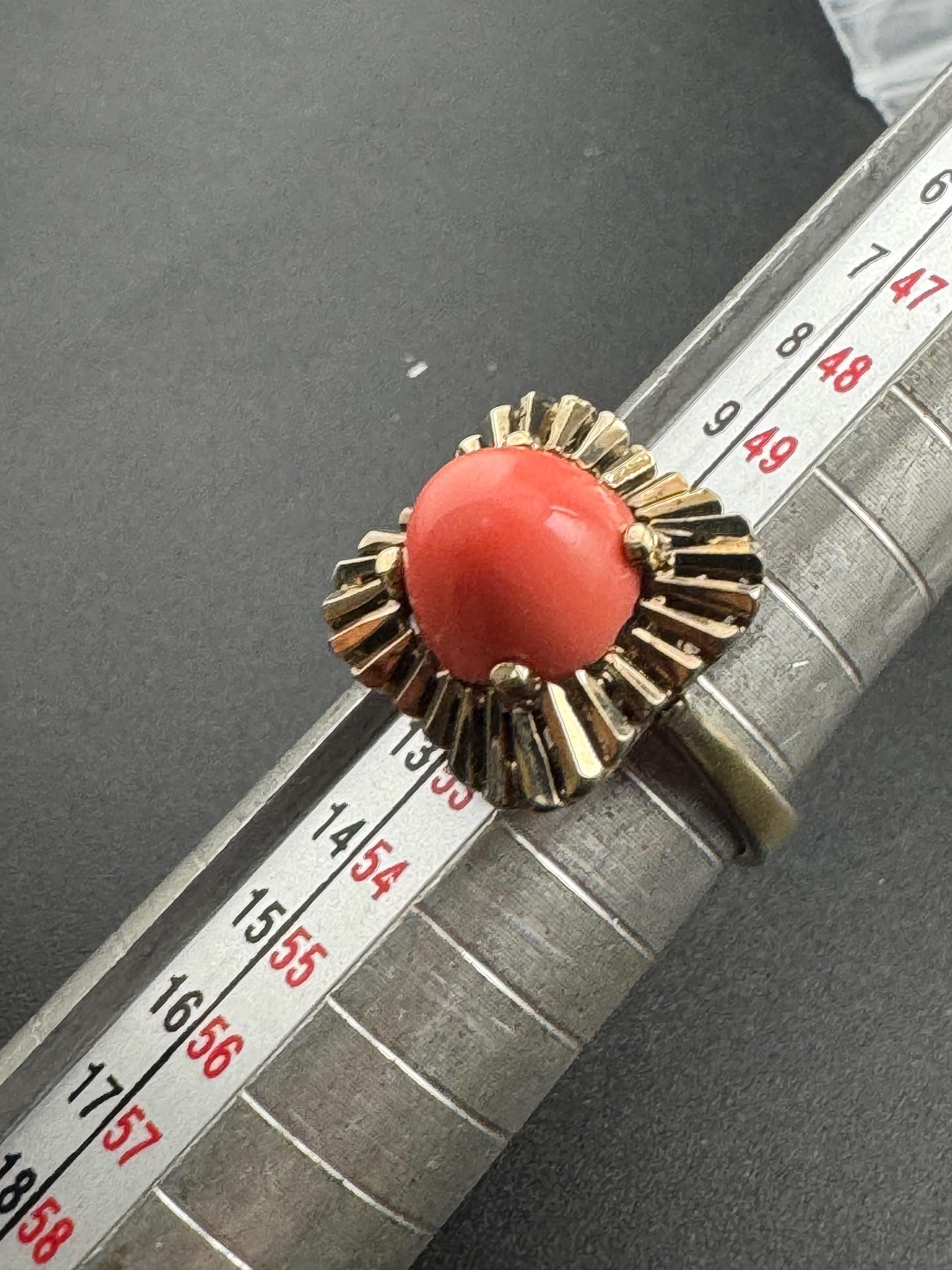 Gold on 925 sterling silver gilt coral cabochon modernist dress ring UK size L M