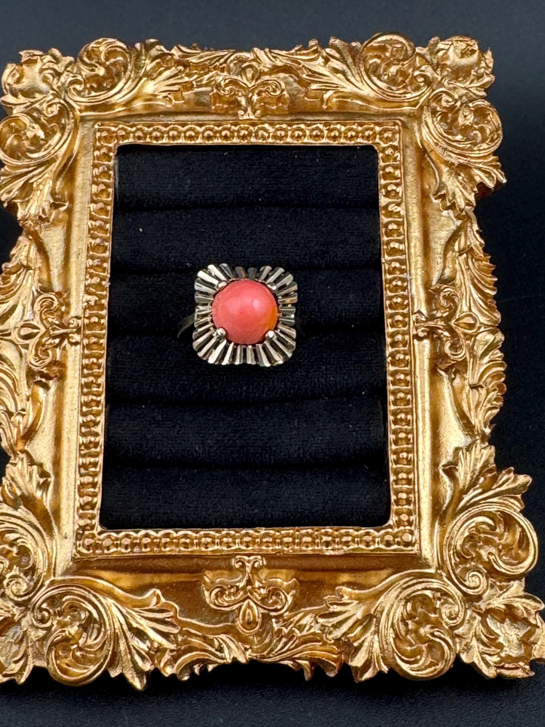 Gold on 925 sterling silver gilt coral cabochon modernist dress ring UK size L M