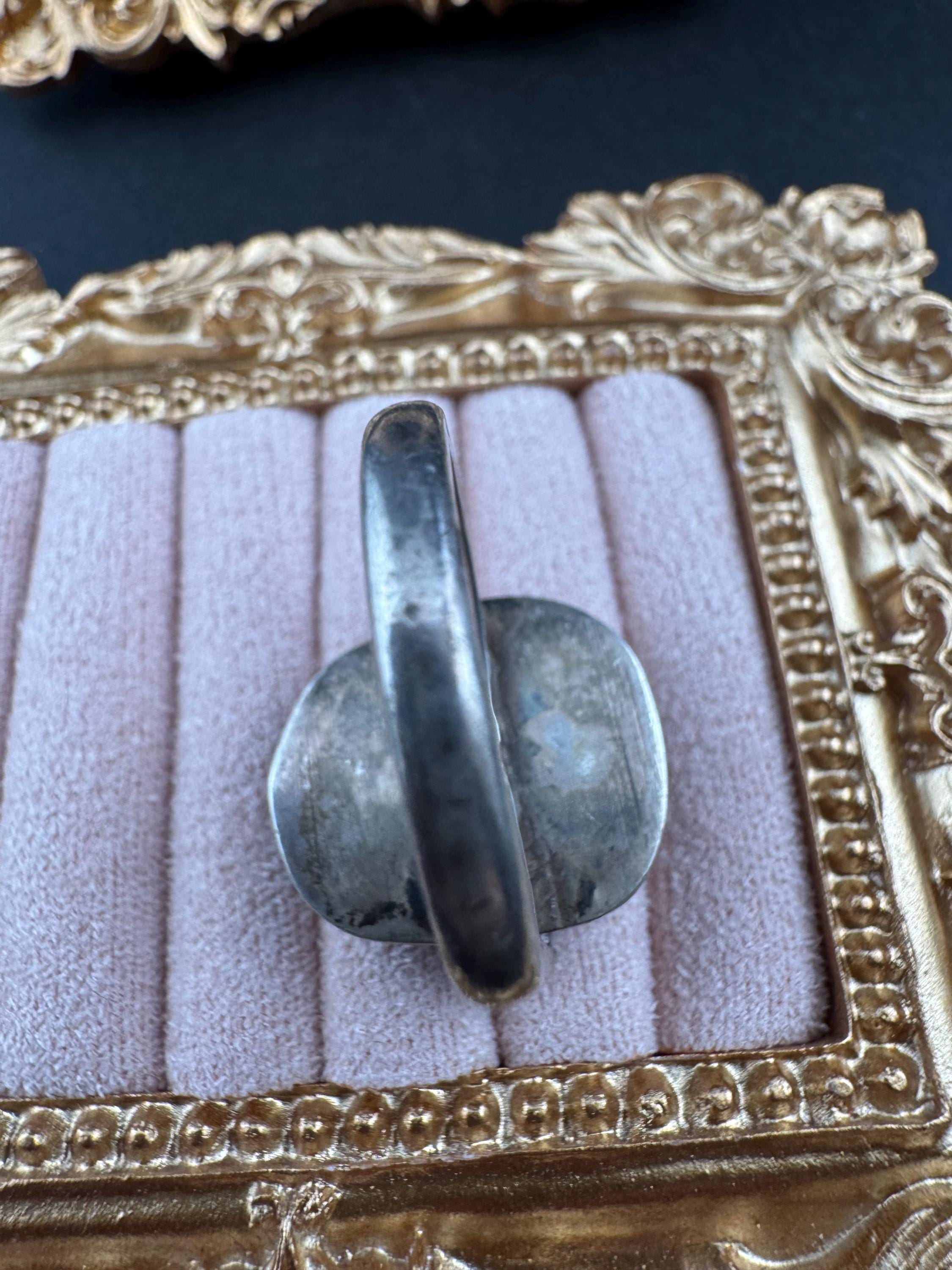 Size S.5 T Vintage 925 sterling silver green malachite gemstone ring , modernist 1970s