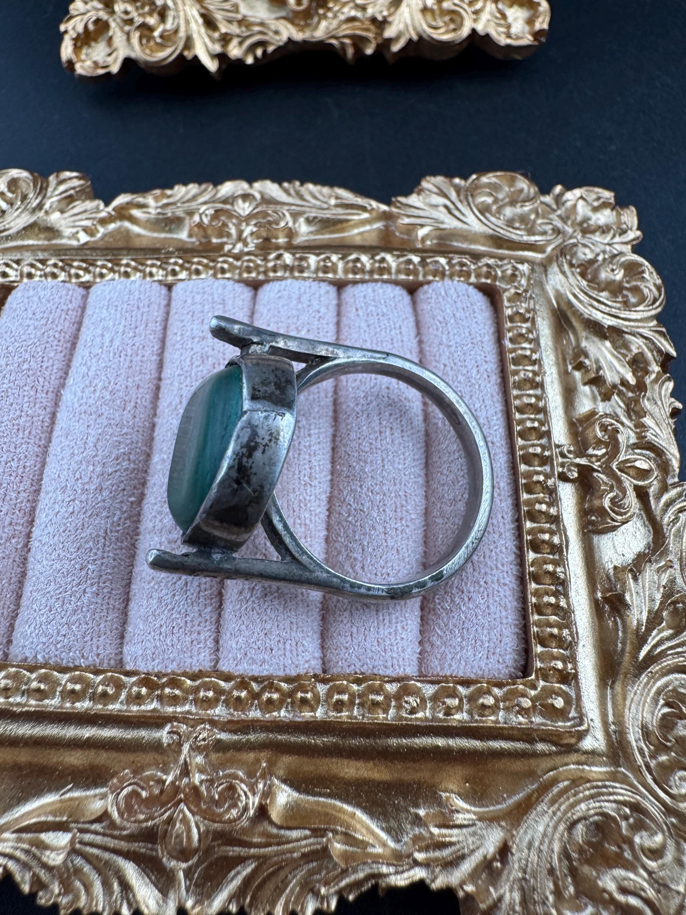 Size S.5 T Vintage 925 sterling silver green malachite gemstone ring , modernist 1970s