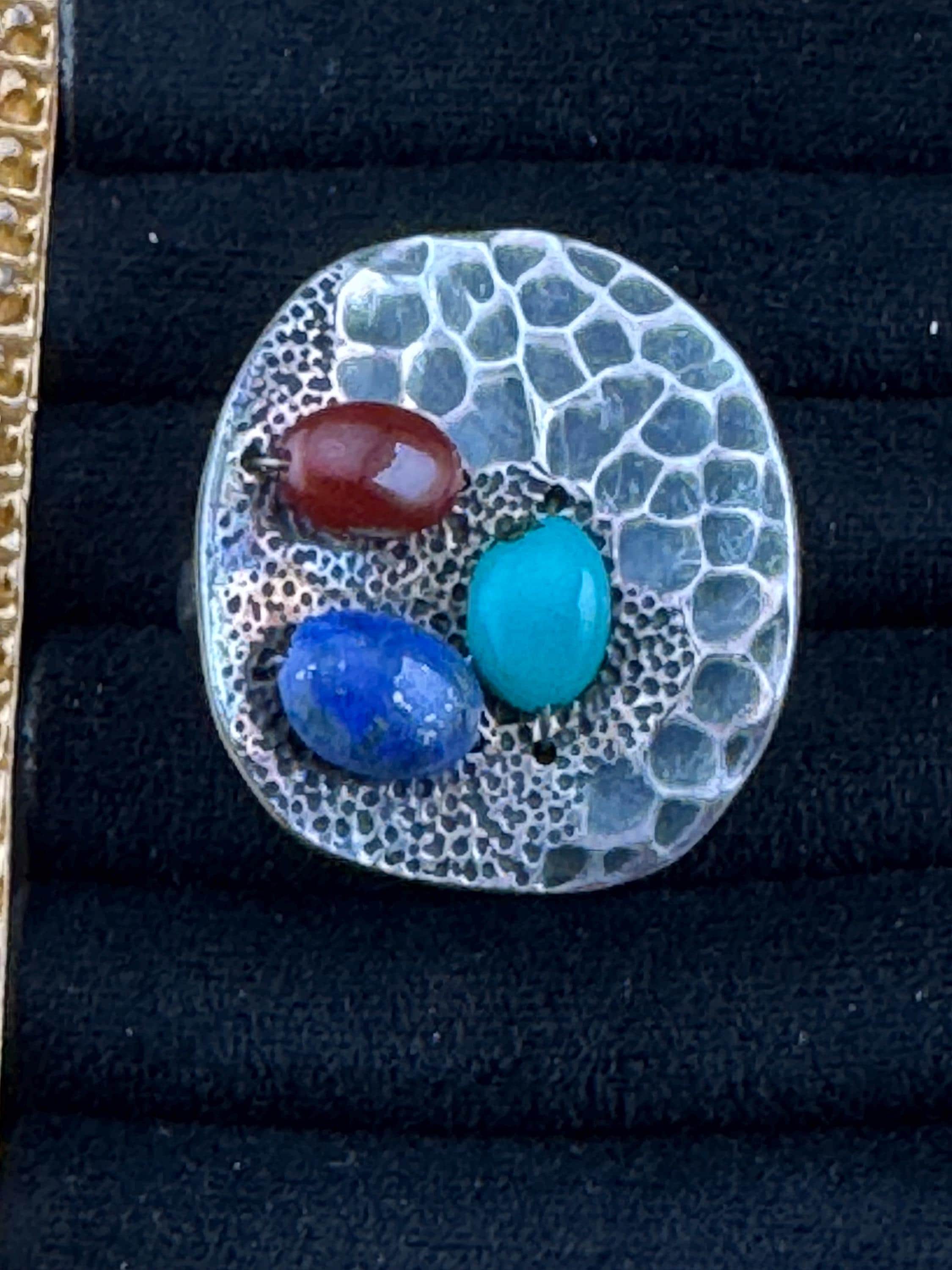 Mens Sterling Silver Gemstone Ring: Lapis, Malachite, Carnelian - UK Size T