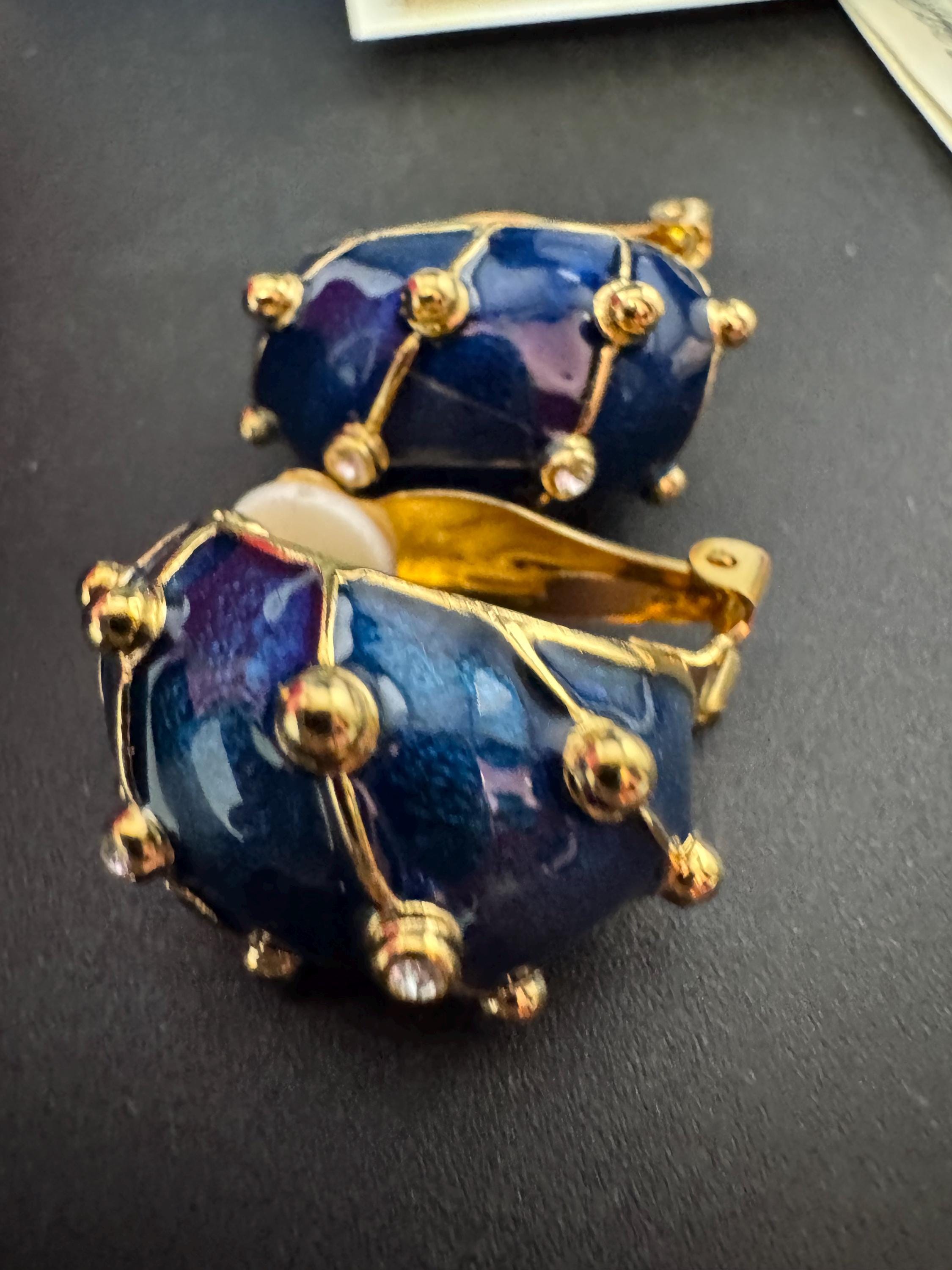 JBK Jacqueline Kennedy Blue Enamel Crystal Clip On Earrings, Gold Plated