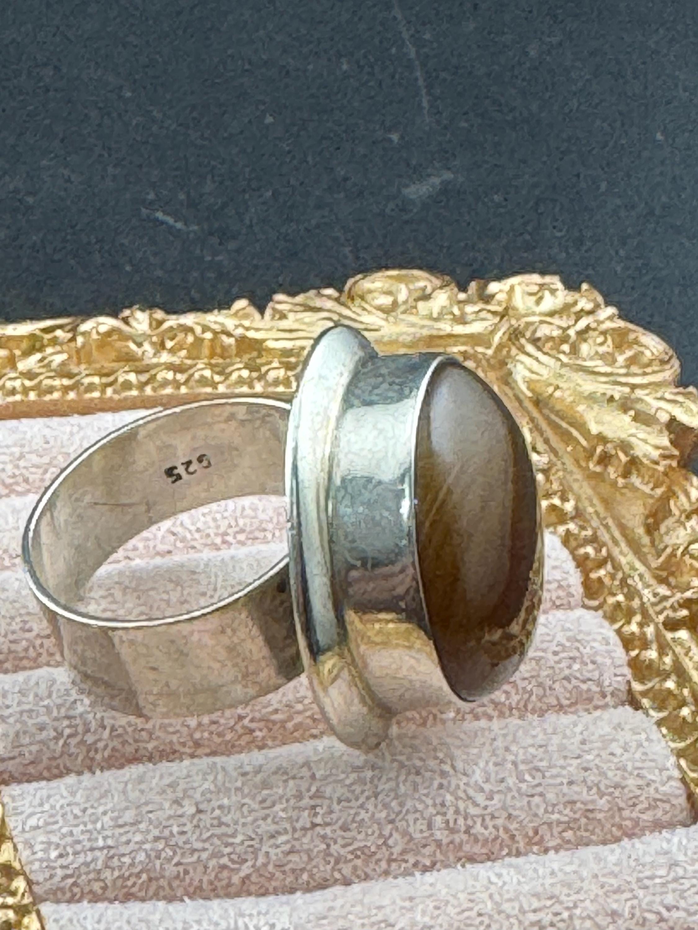 925 sterling silver Vintage brown agaye chunky oversizedring 12.9 grams size Q