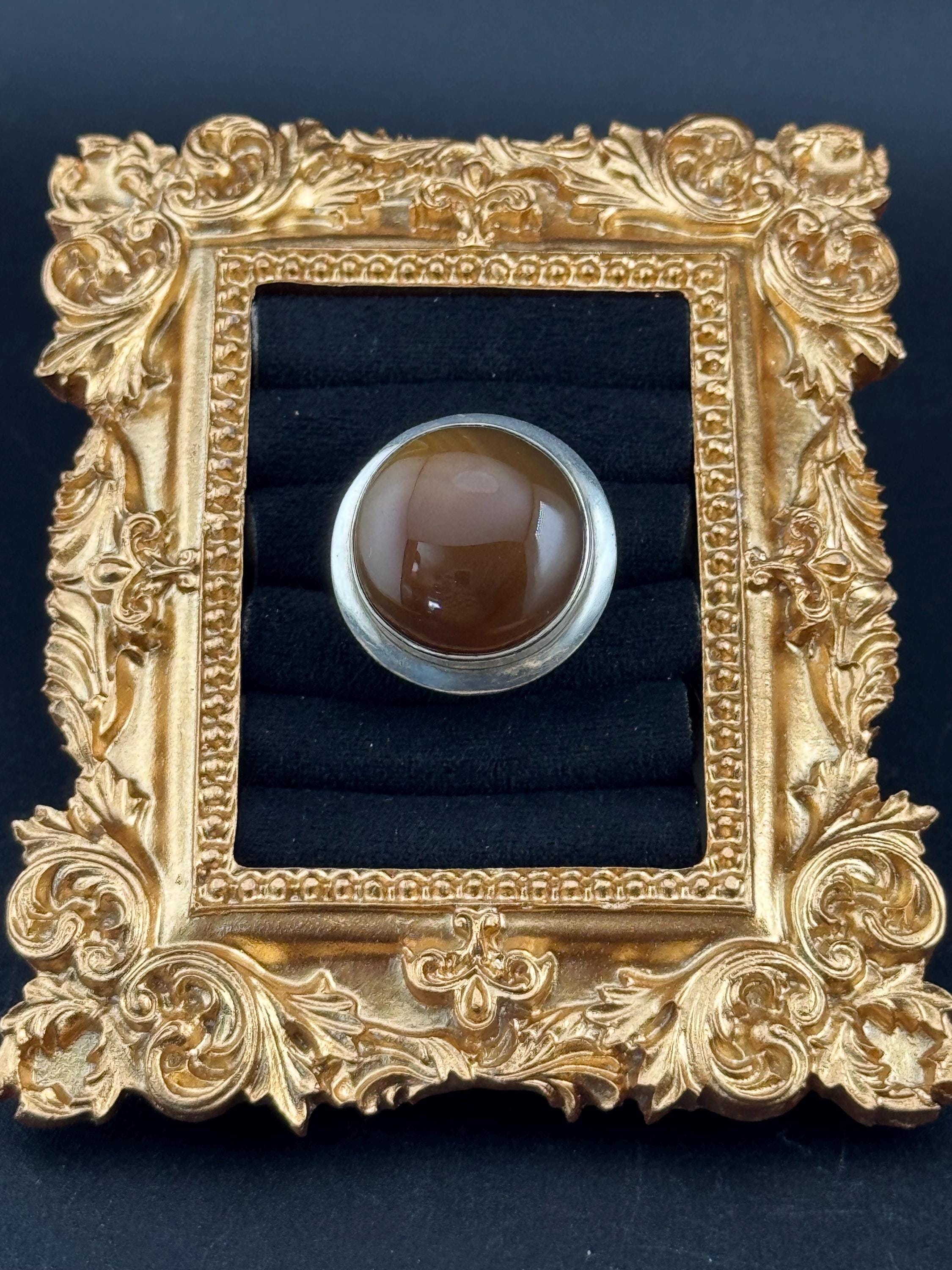 925 sterling silver Vintage brown agaye chunky oversizedring 12.9 grams size Q