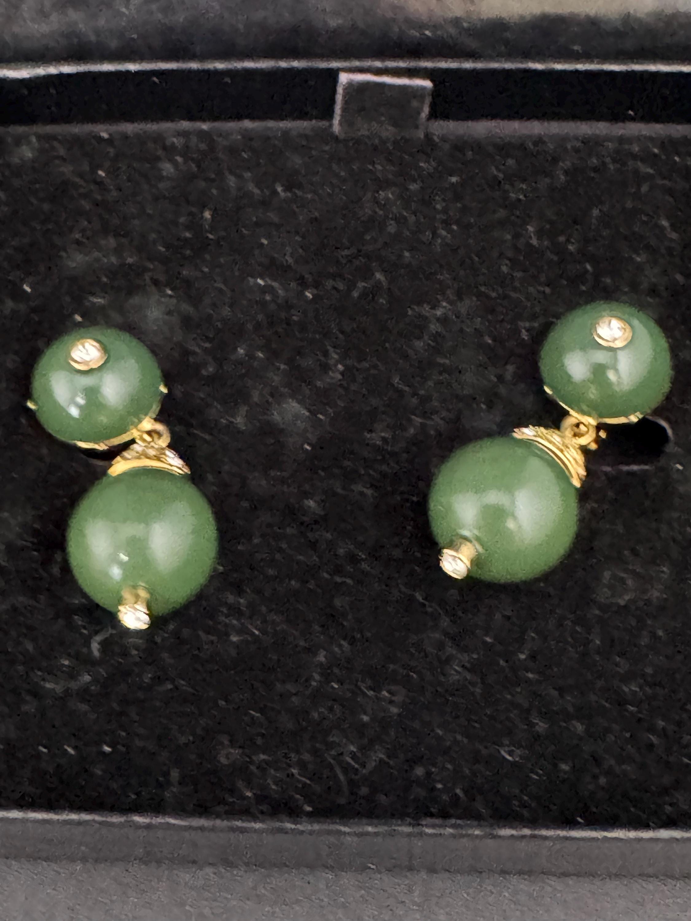 Vintage Signed Joan rivers gold tone beaded clip on drop earrings ,khaki green lucite with clear rhinestone