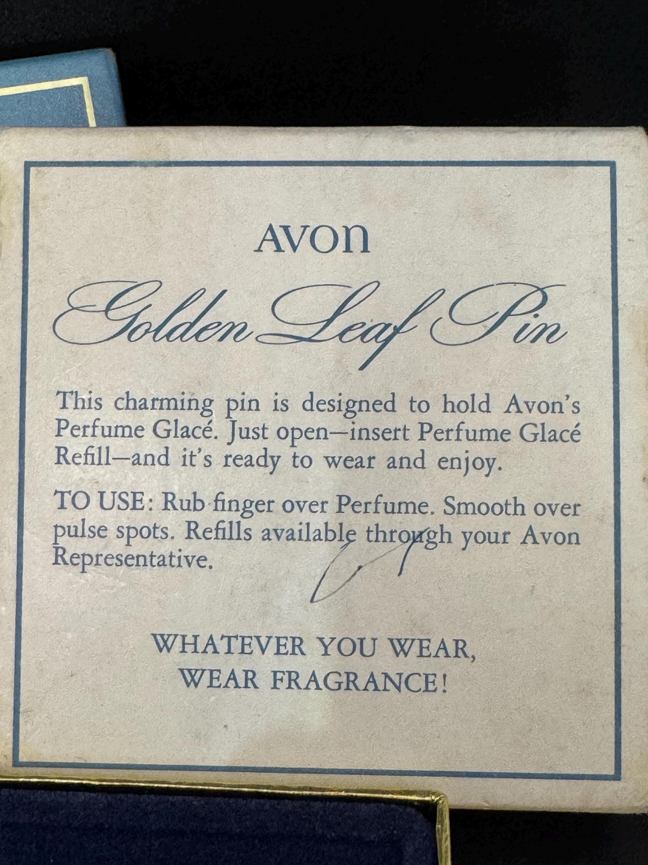 Vintage Avon Golden Leaf Brooch: Perfume Compact, Faux Pearl - Mid Century Boxed