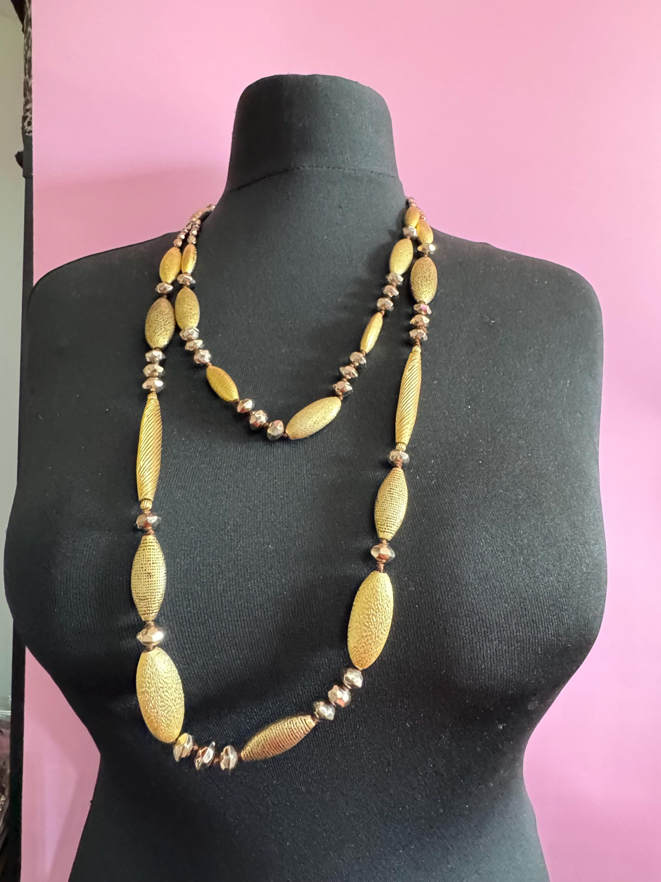 Signed Liz Claiborne designer gold tone weighty oval metal and glass beaded Multistrand 2 row necklace