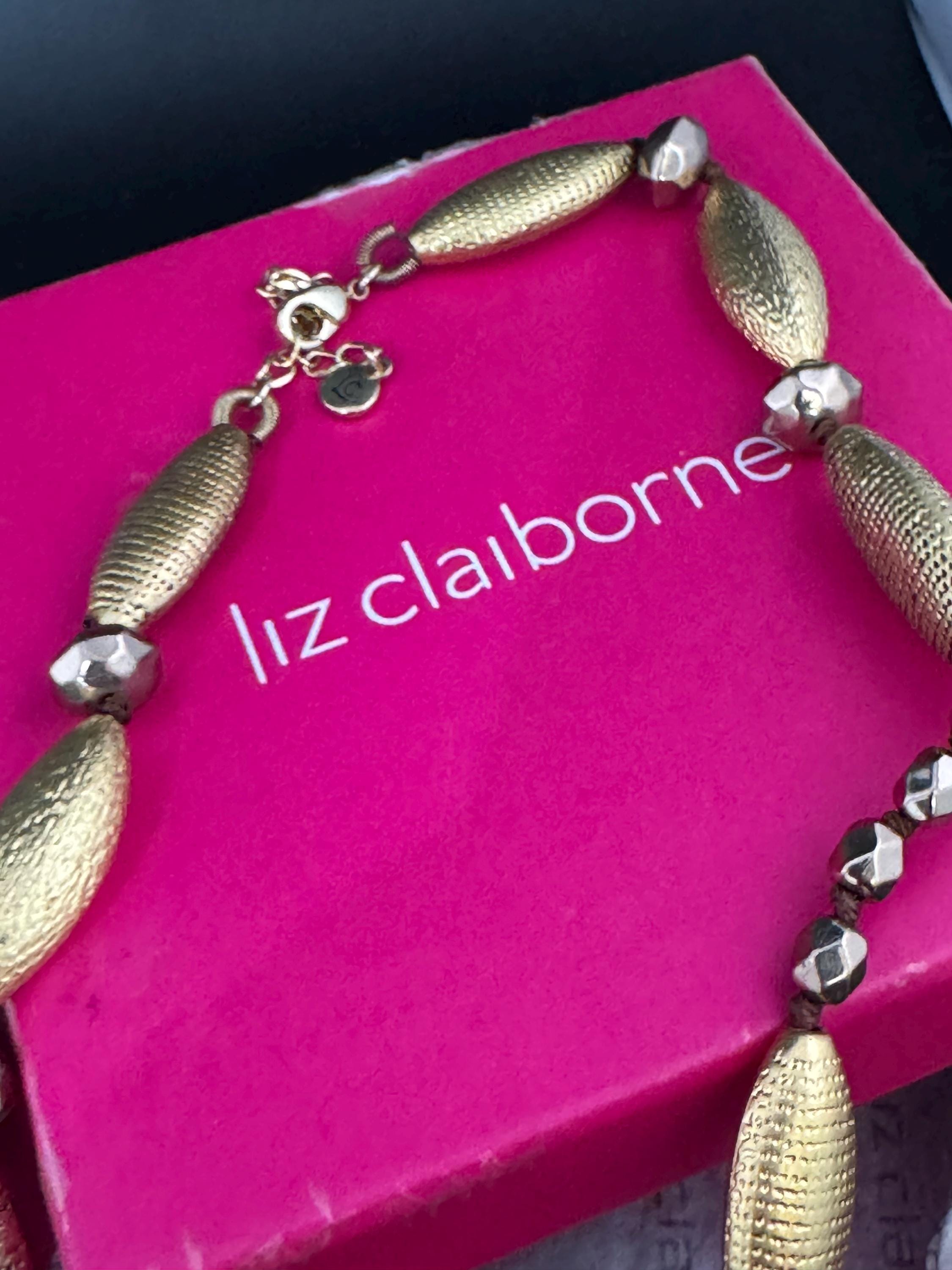 Signed Liz Claiborne designer gold tone weighty oval metal and glass beaded Multistrand 2 row necklace