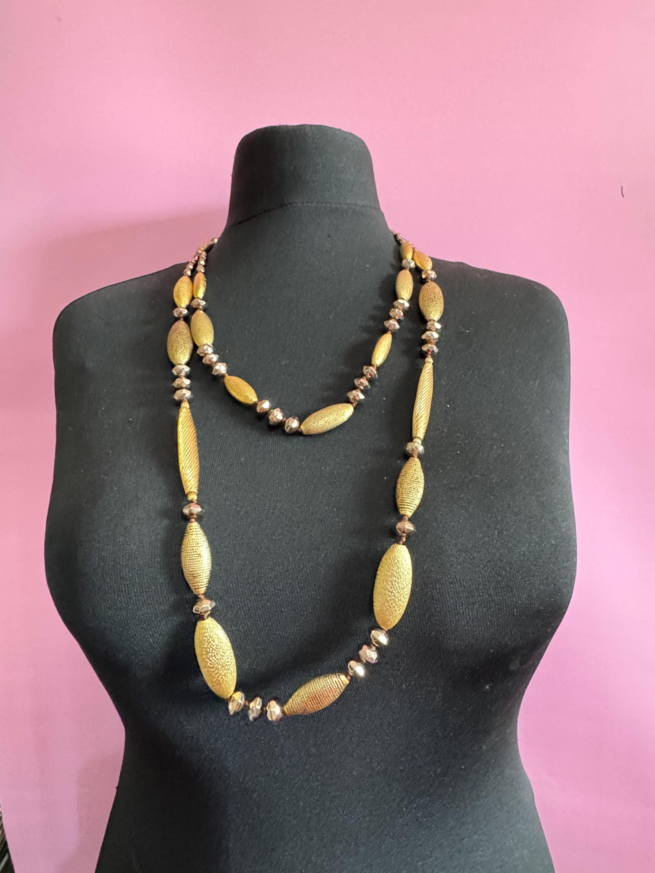 Signed Liz Claiborne designer gold tone weighty oval metal and glass beaded Multistrand 2 row necklace