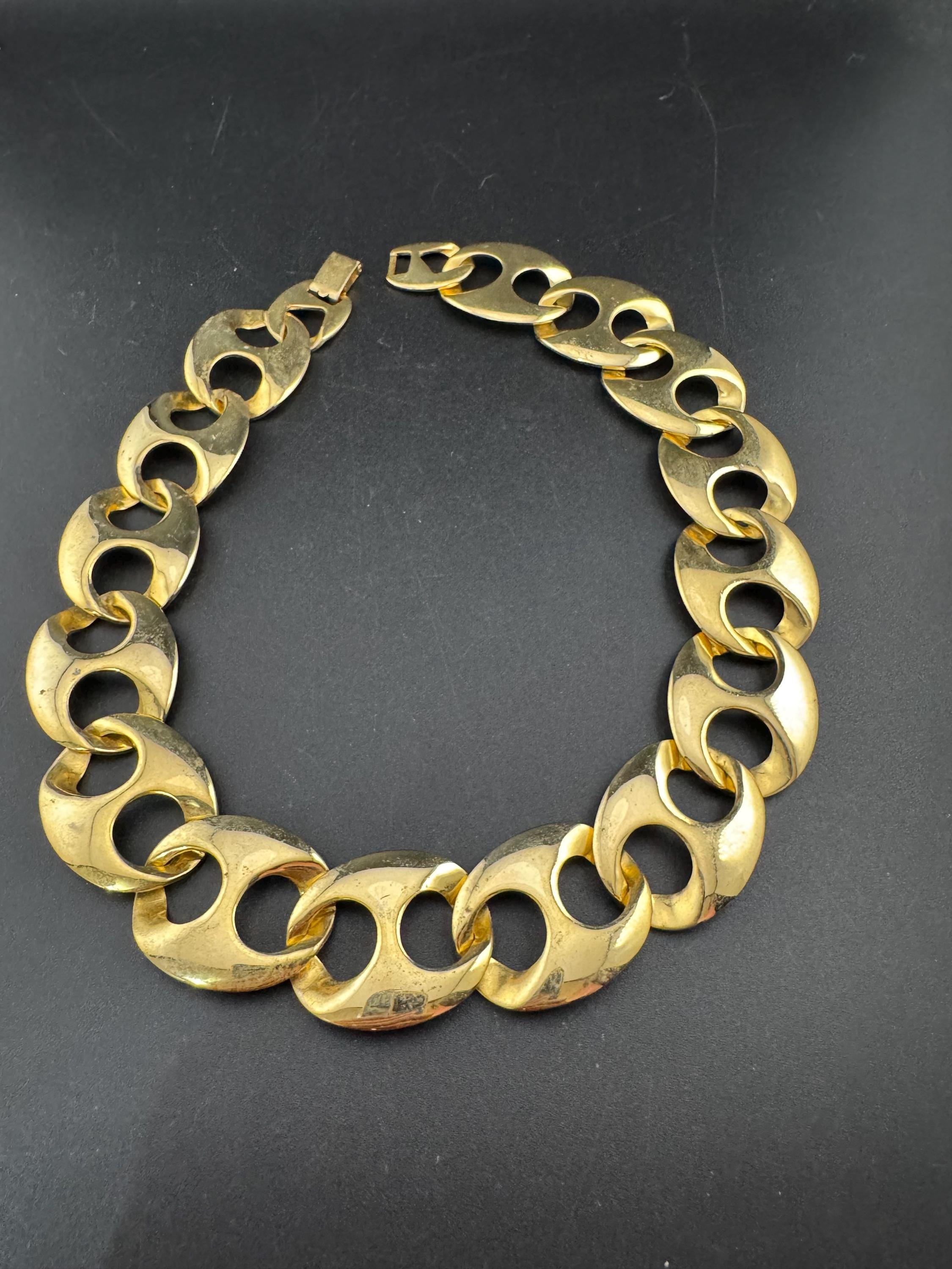 Nautical vintage gold tone modernist wide mariner link choker necklace