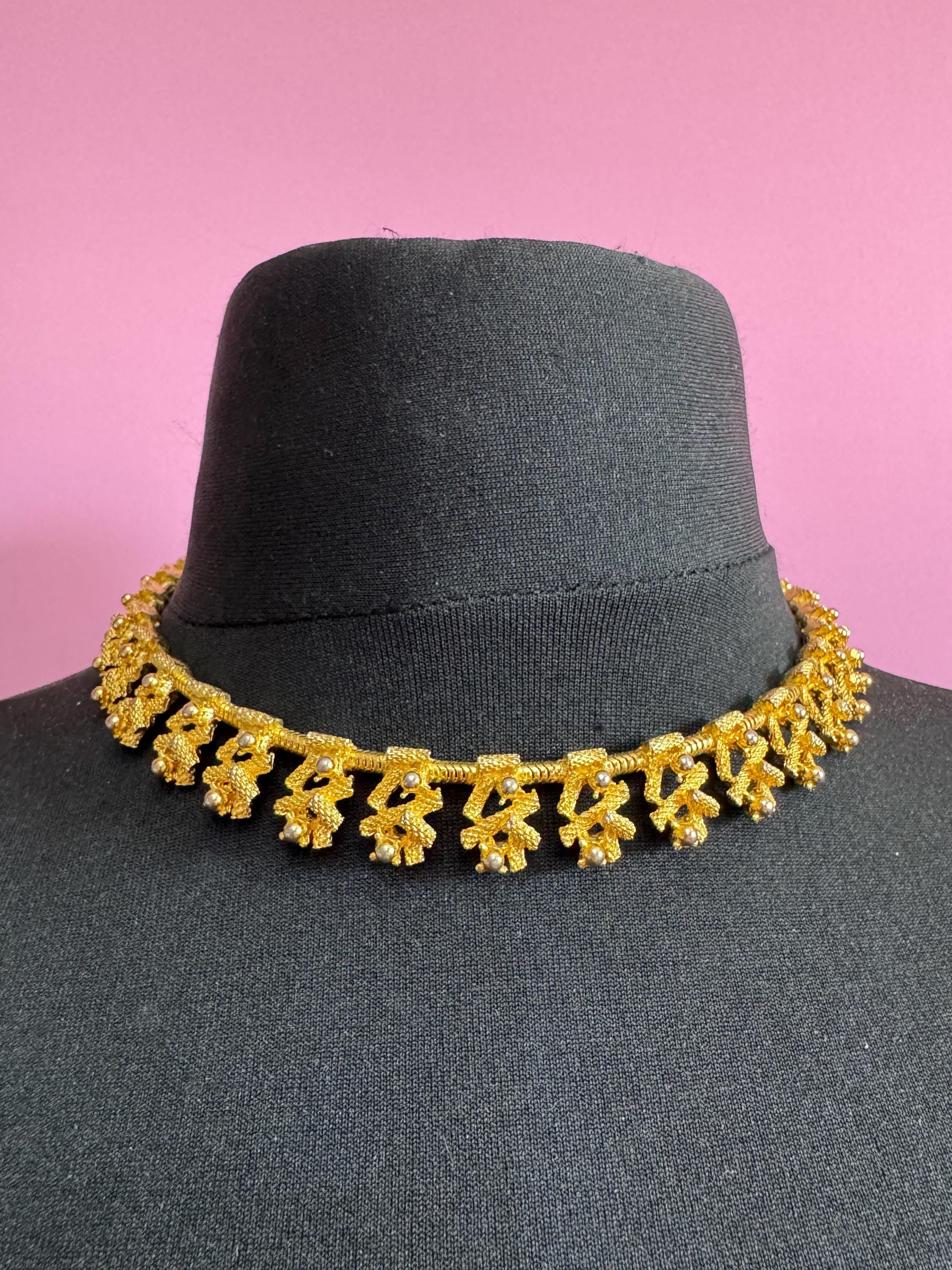 Vintage gold tone brutalist modernist textured panel link choker necklace, mid century