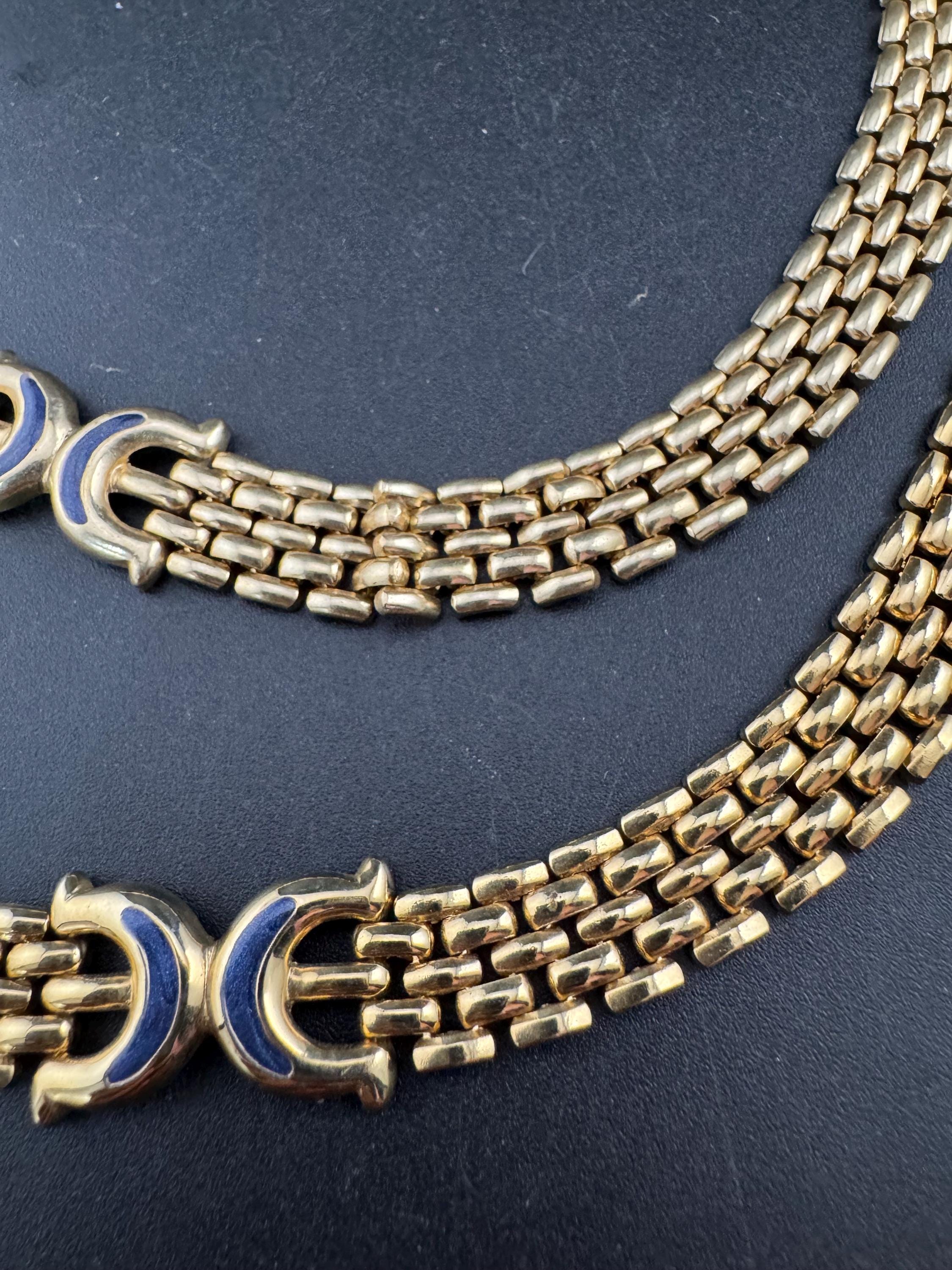 Retro 1980s gold tone wide panther link bkue enamel necklace and matching bracelet jewellery set