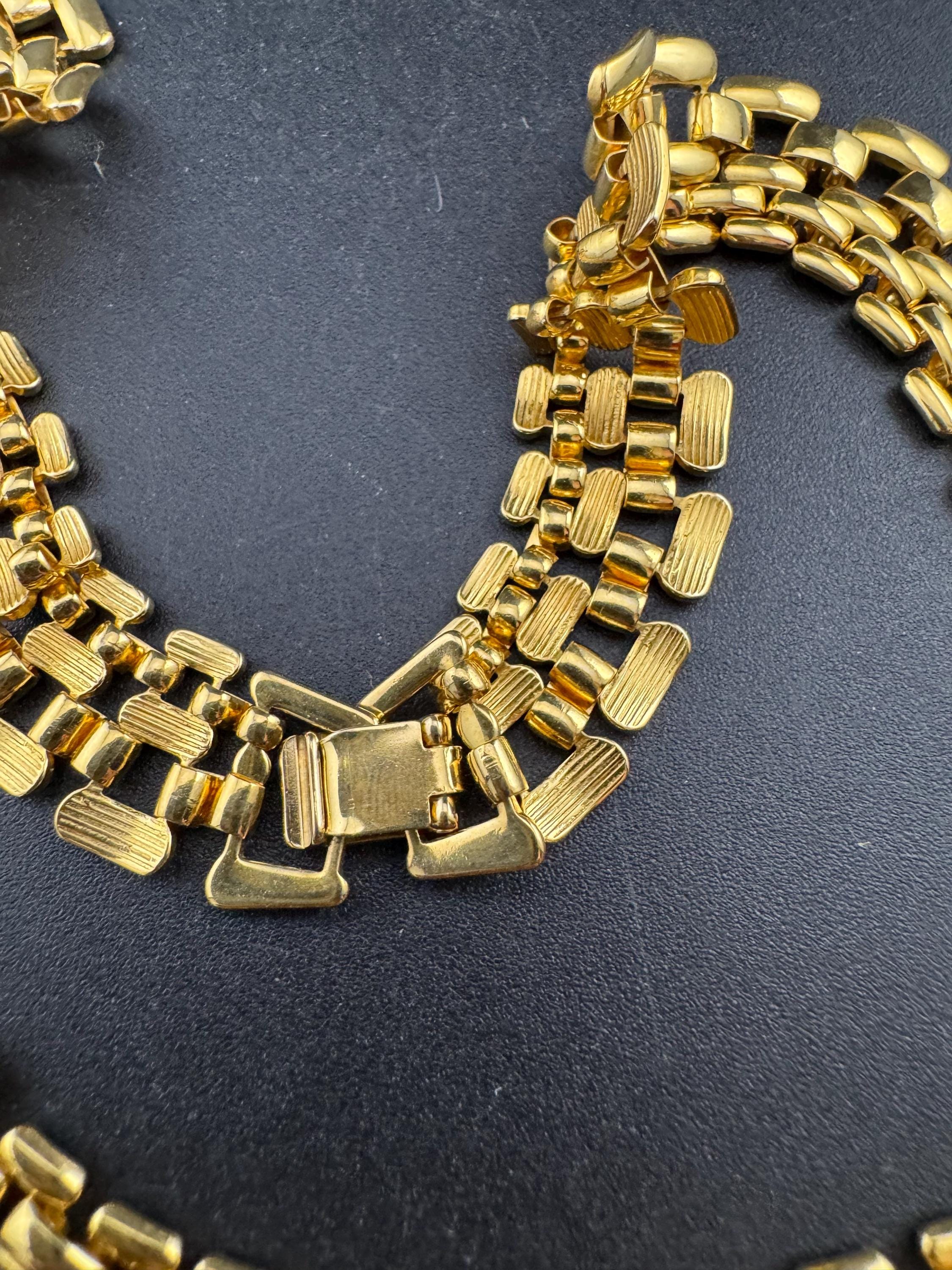 Retro 1980s wide classic panther brick link gold plated choker necklace 46cm