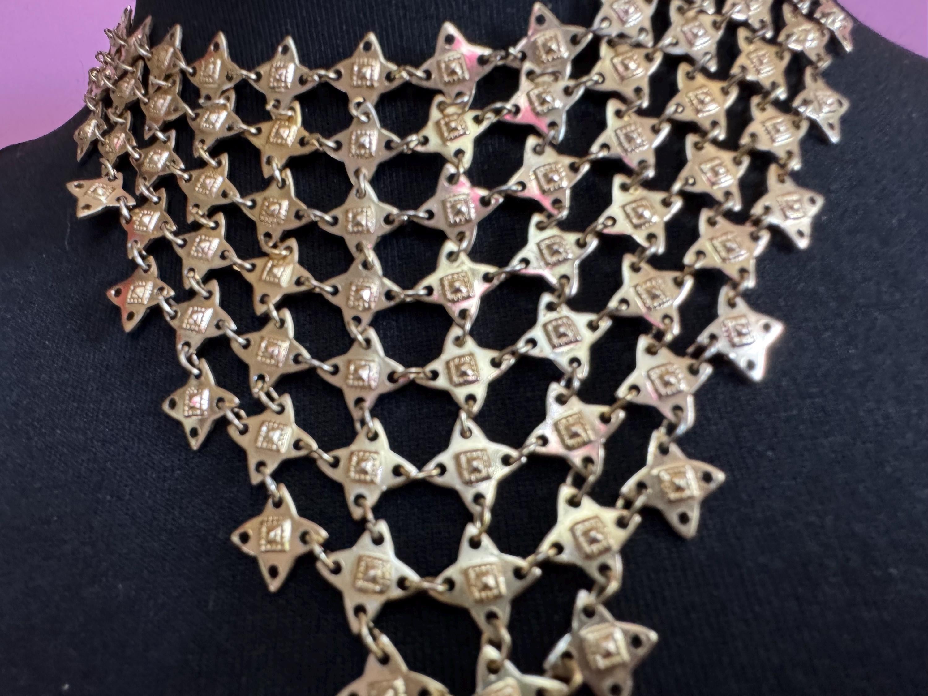 Mid century lightweight Eloxal aluminium gold tone mesh chainmail bib drop necklace 50s 60s