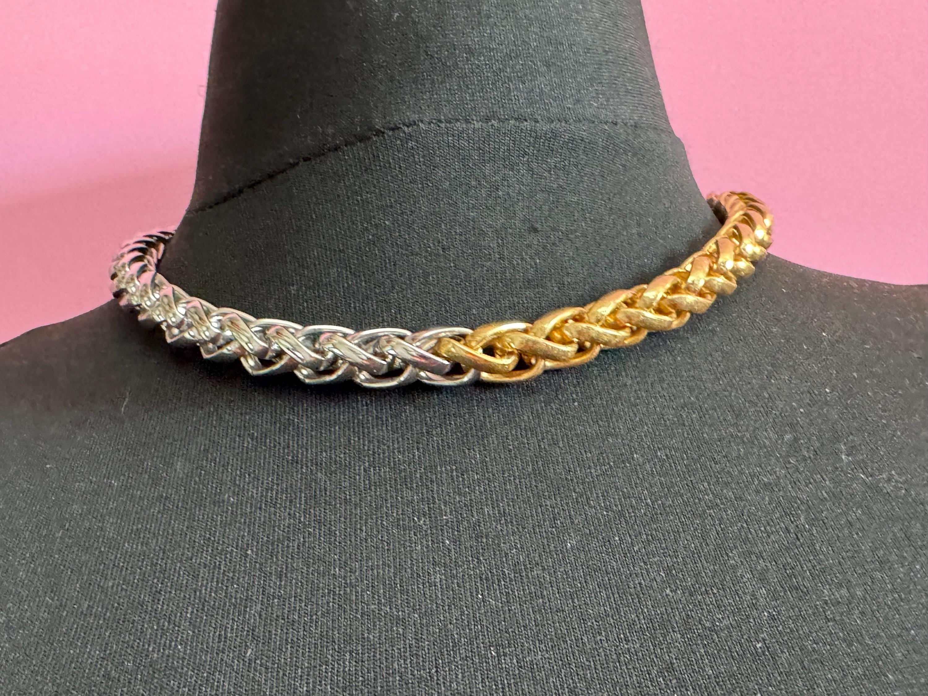 Retro y2k silver & gold tone chunky short wheat chain link 47cm length necklace