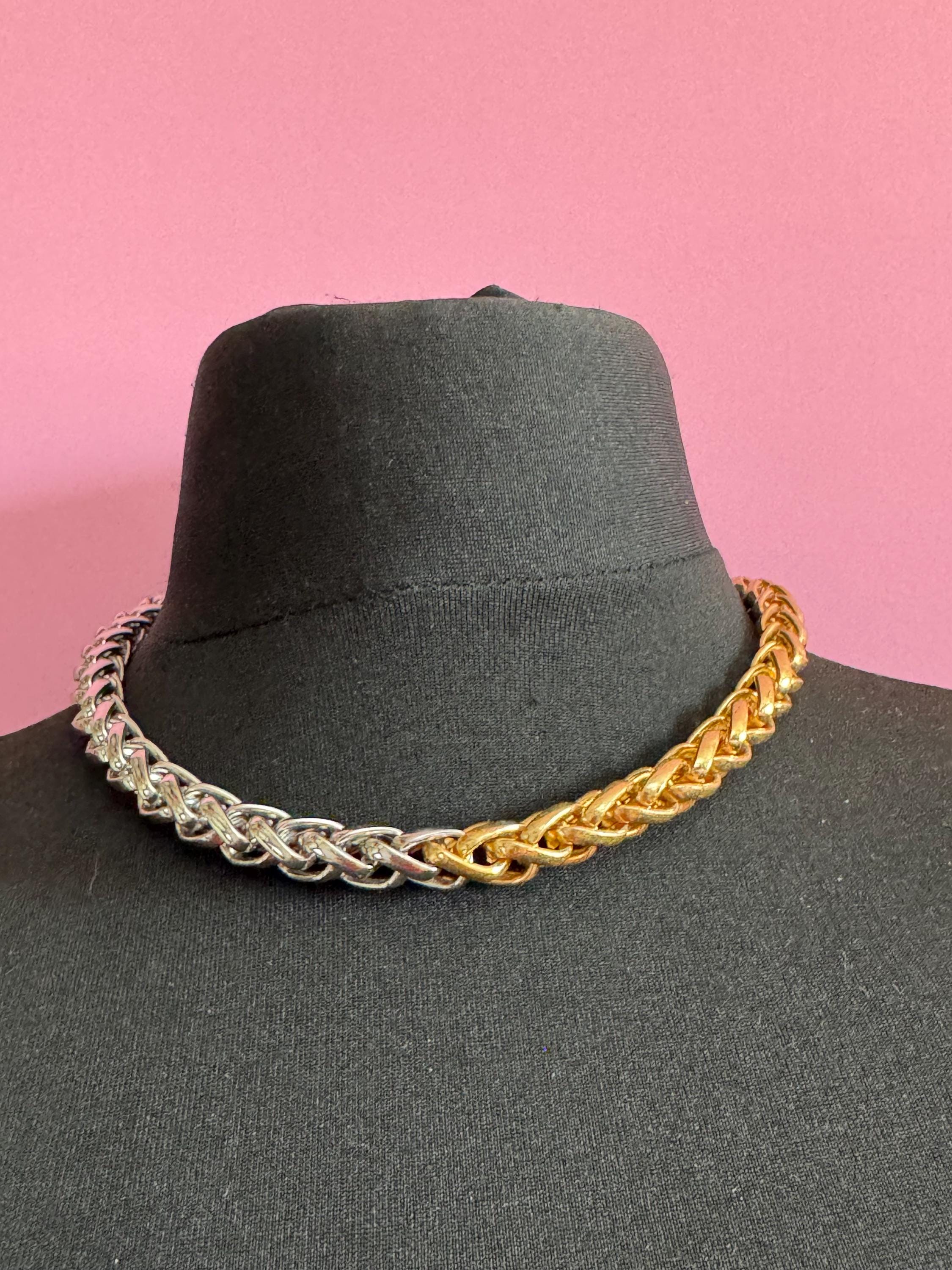 Retro y2k silver & gold tone chunky short wheat chain link 47cm length necklace