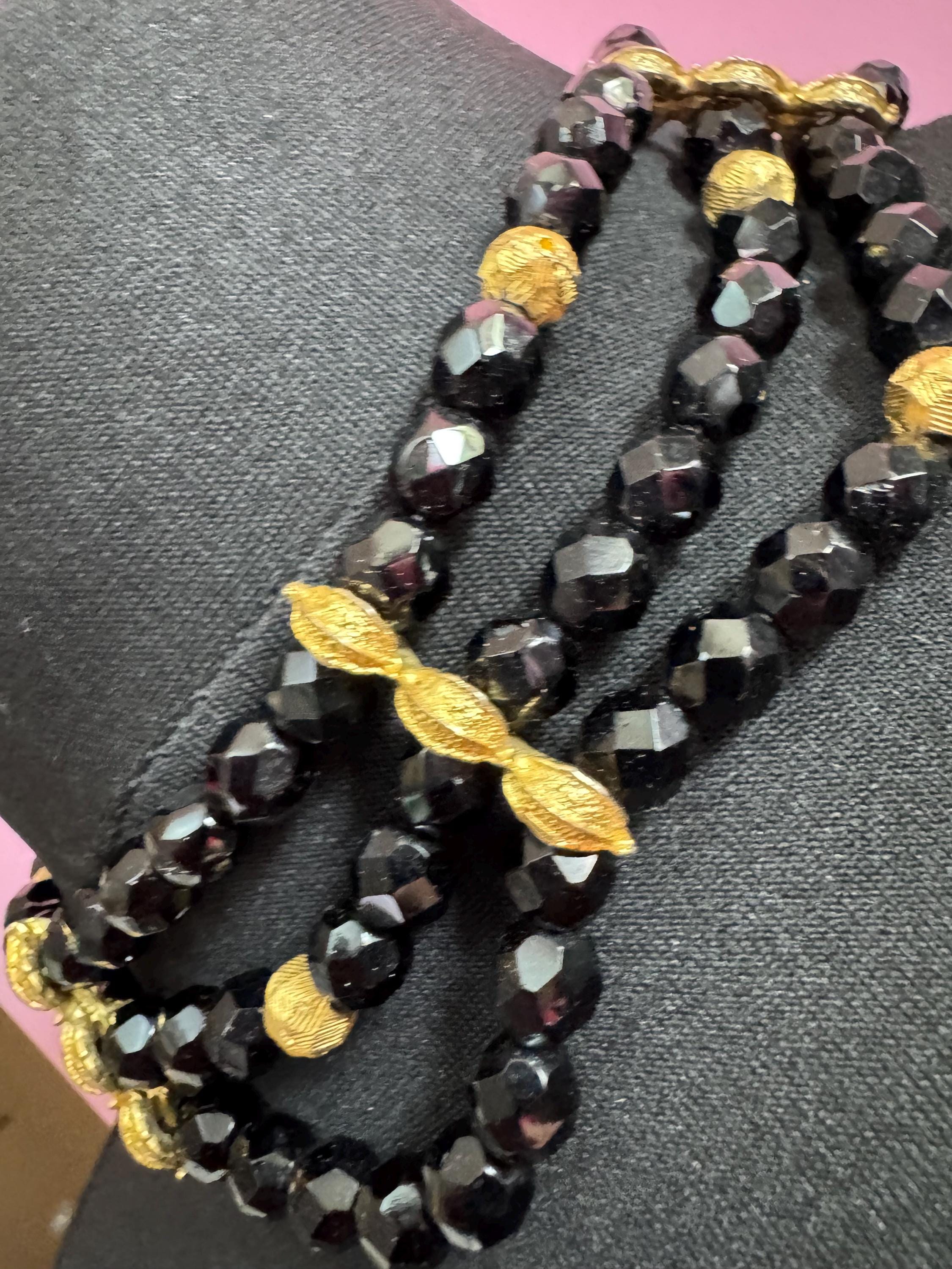 Vintage black and gold tone weighty glass faceted black beaded wide choker Necklace