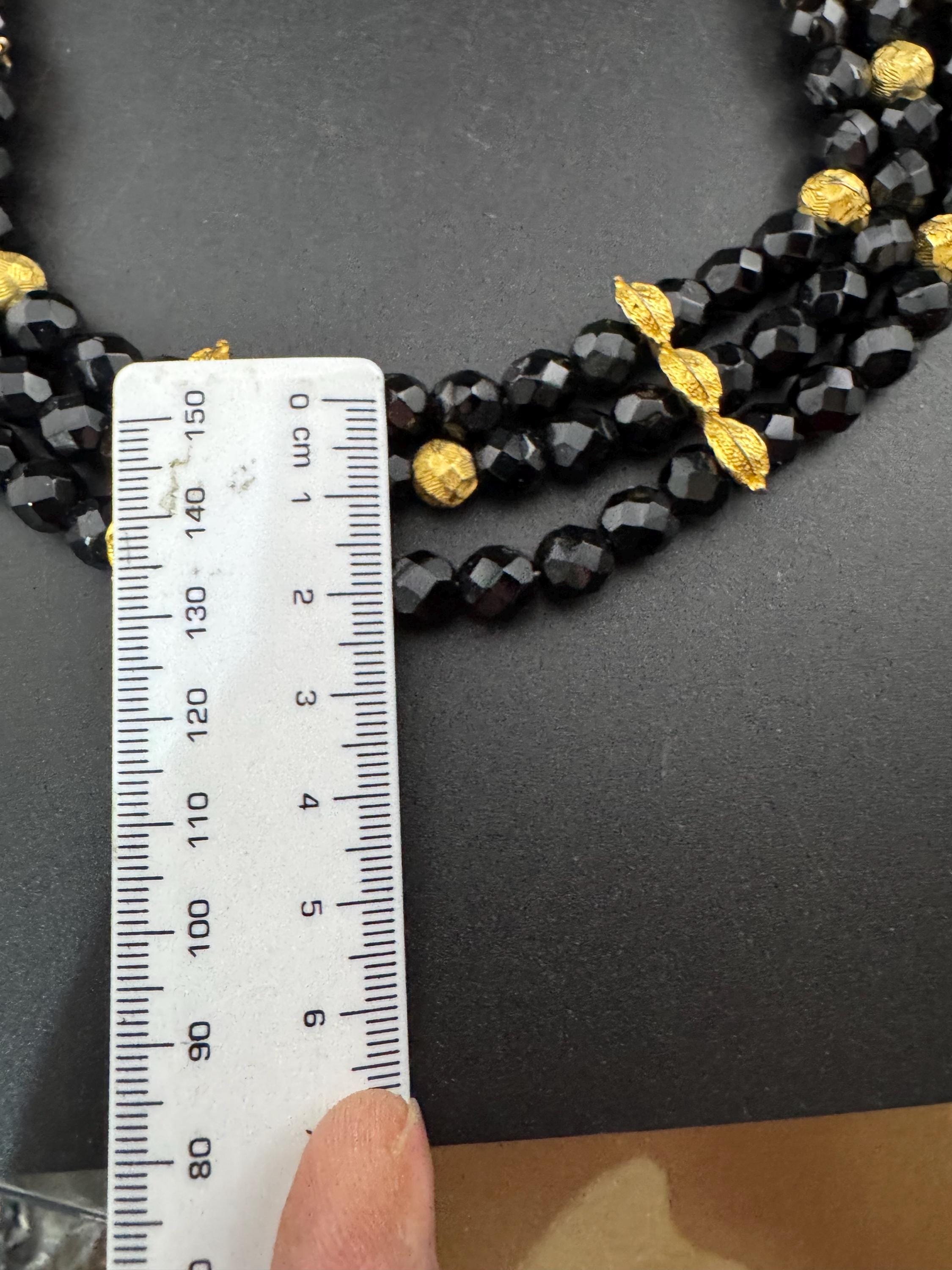 Vintage black and gold tone weighty glass faceted black beaded wide choker Necklace
