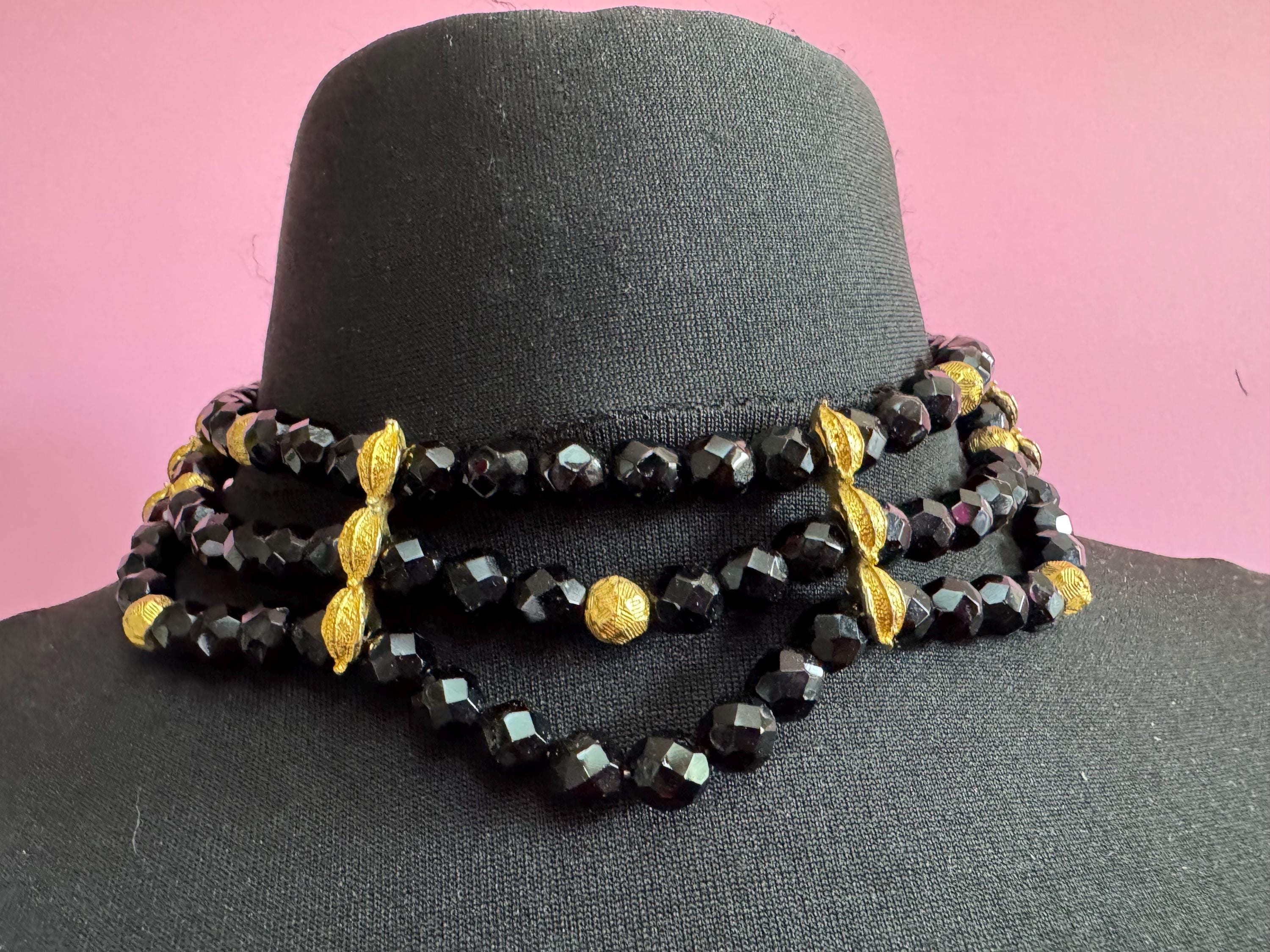 Vintage black and gold tone weighty glass faceted black beaded wide choker Necklace