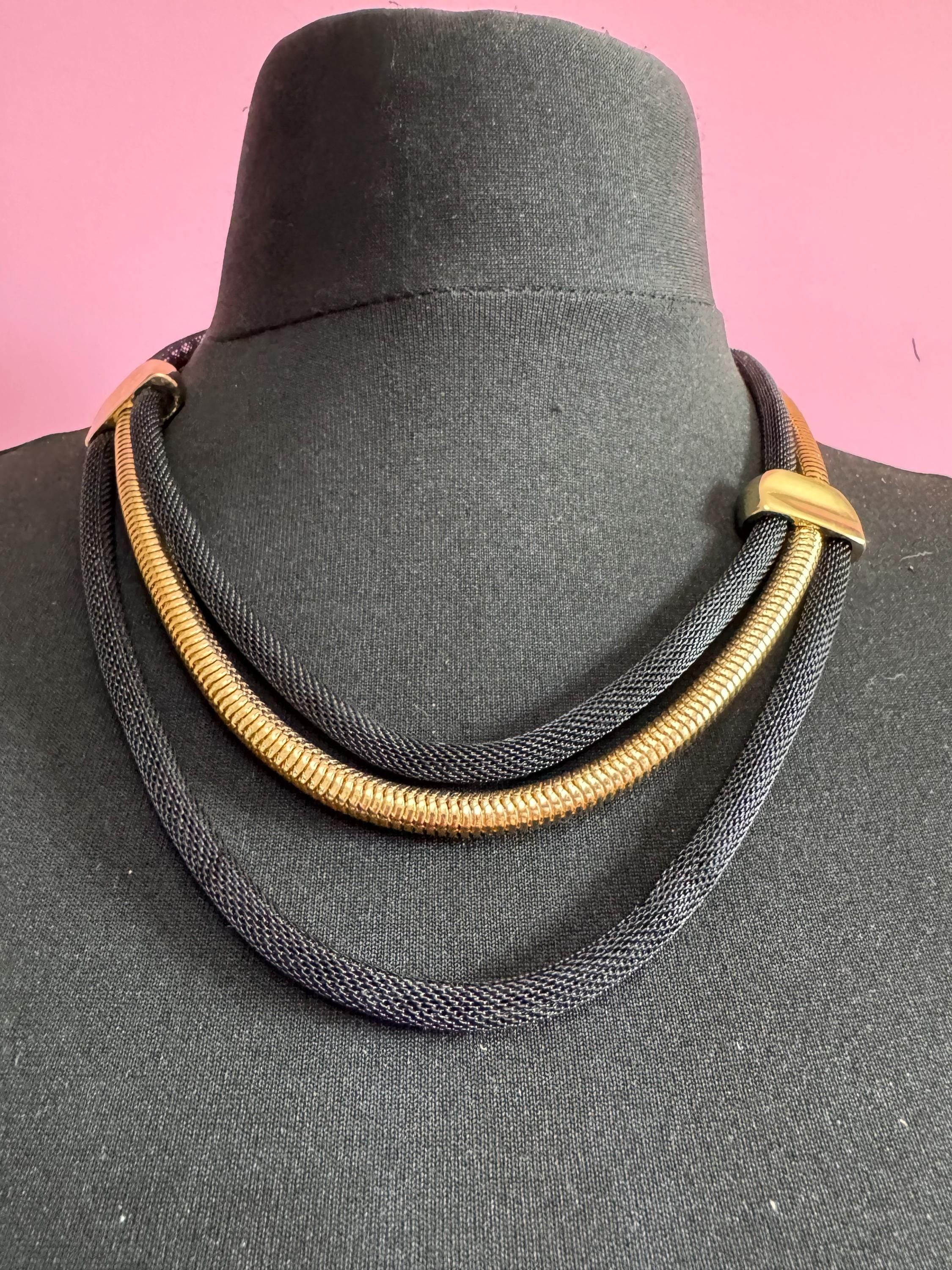 Vintage long round tube mesh link gold tone and black slinky layering  Multistrand necklace