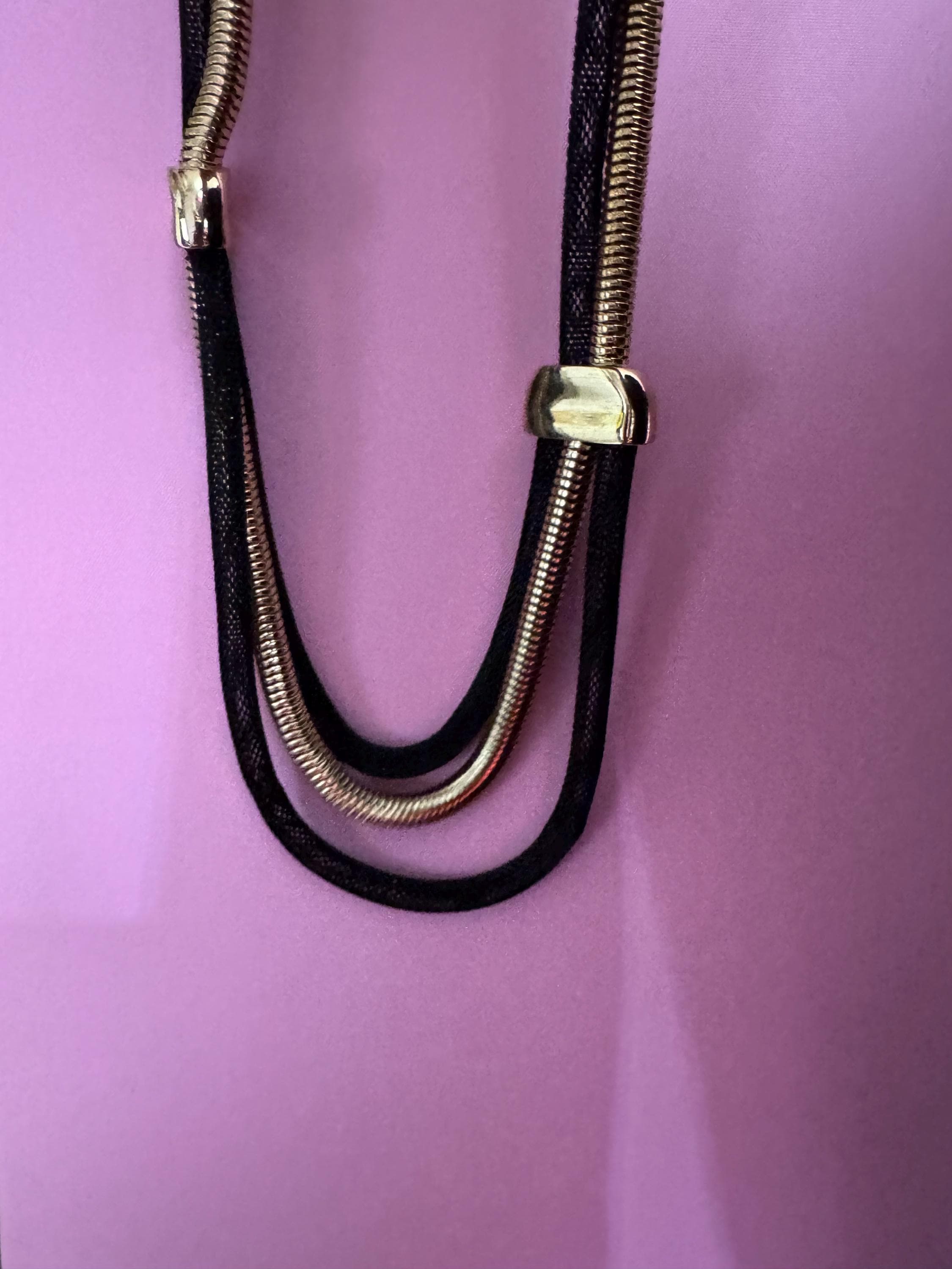 Vintage long round tube mesh link gold tone and black slinky layering  Multistrand necklace
