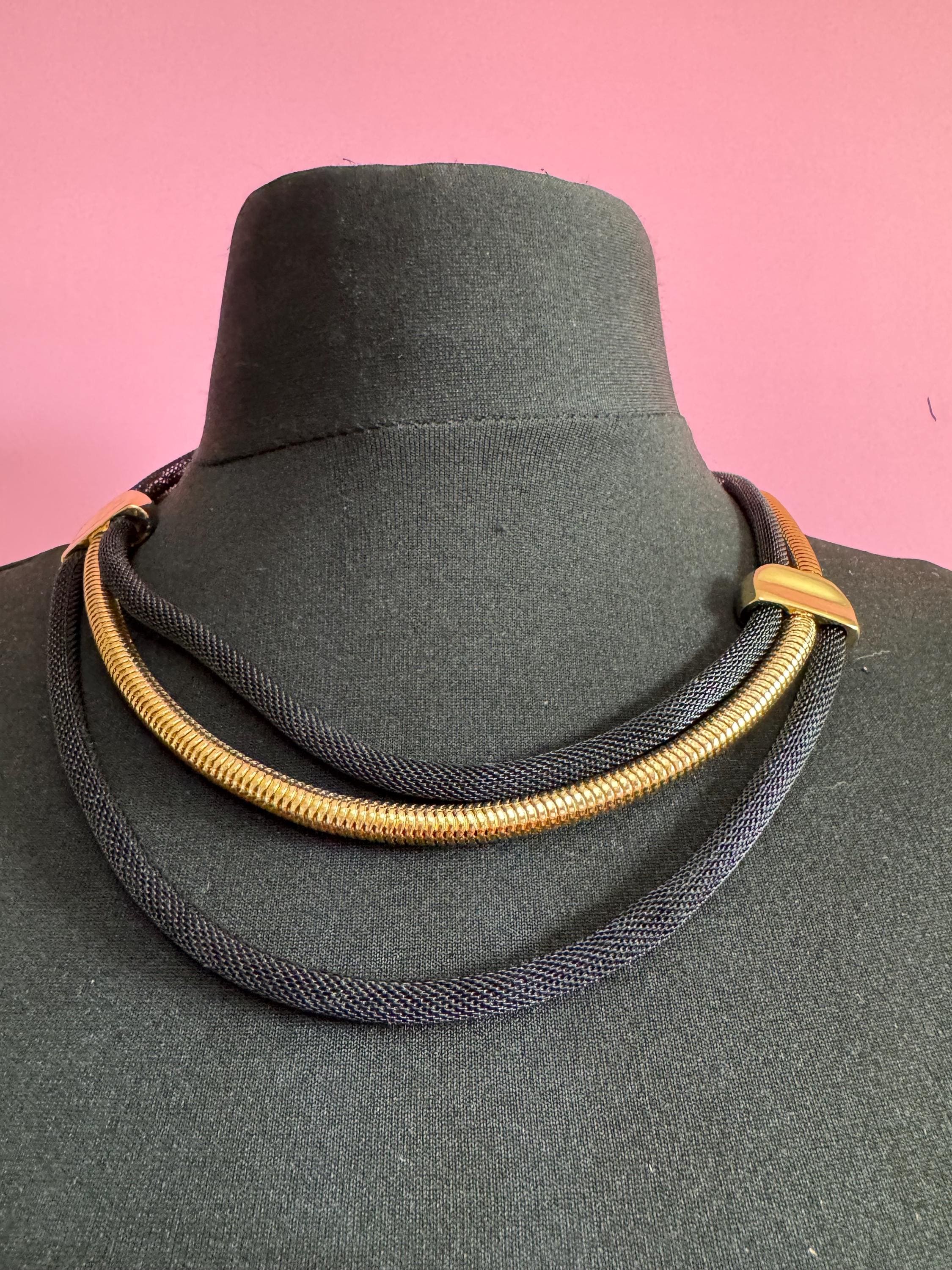 Vintage long round tube mesh link gold tone and black slinky layering  Multistrand necklace