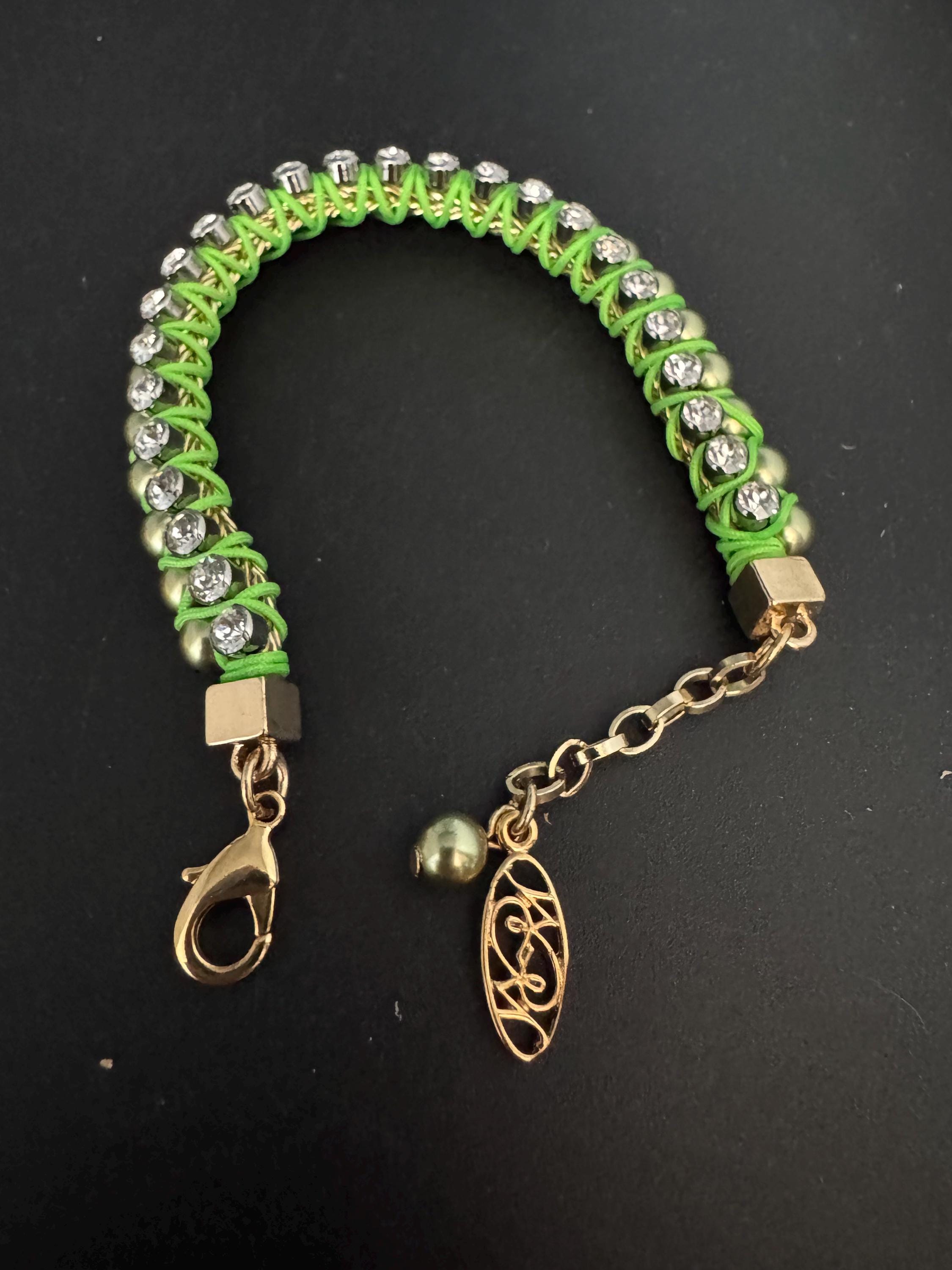 Retro Bright lime green Japanese silk clear Swarovski Crystal diamanté tennis bracelet designer