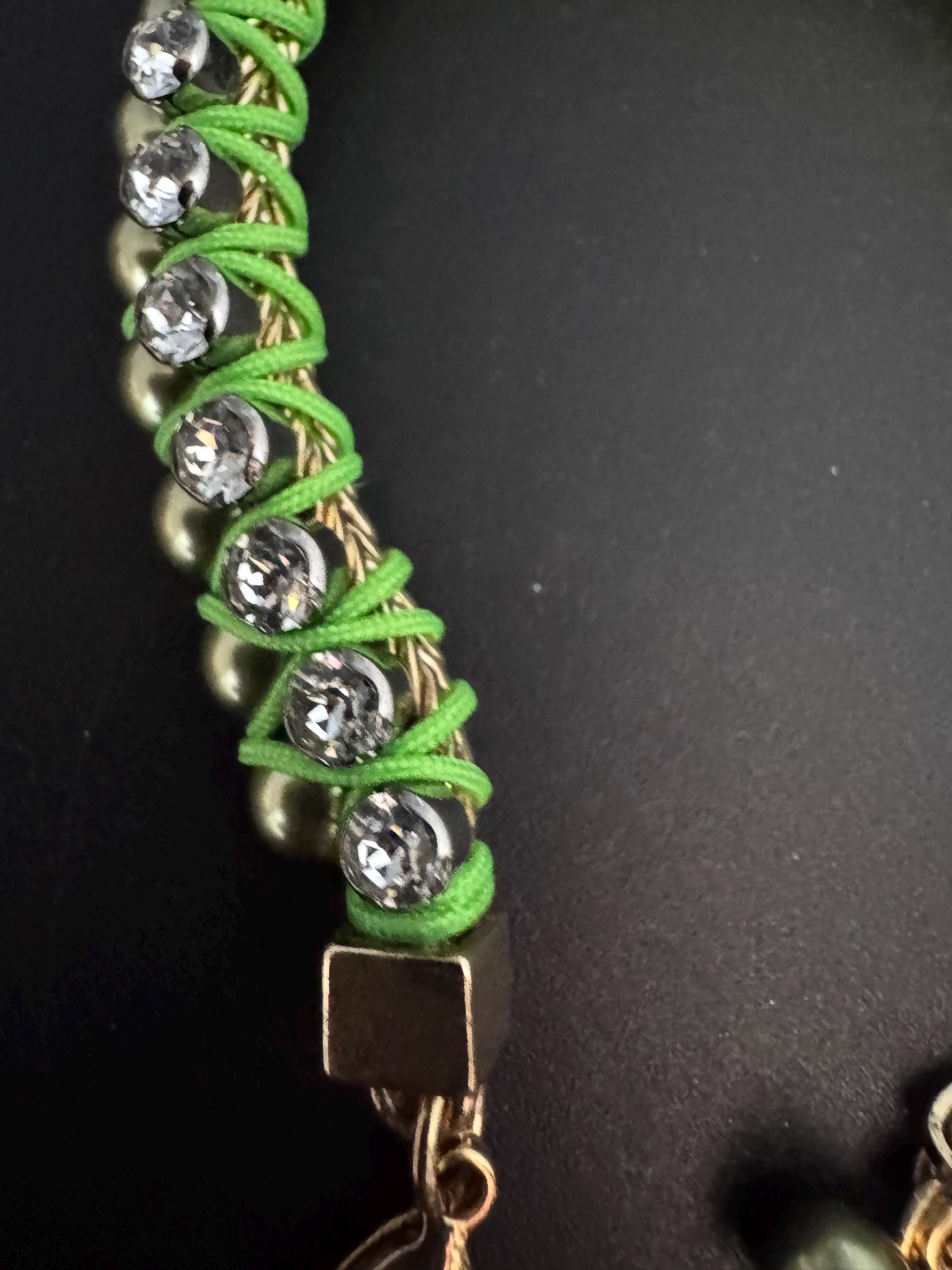 Retro Bright lime green Japanese silk clear Swarovski Crystal diamanté tennis bracelet designer