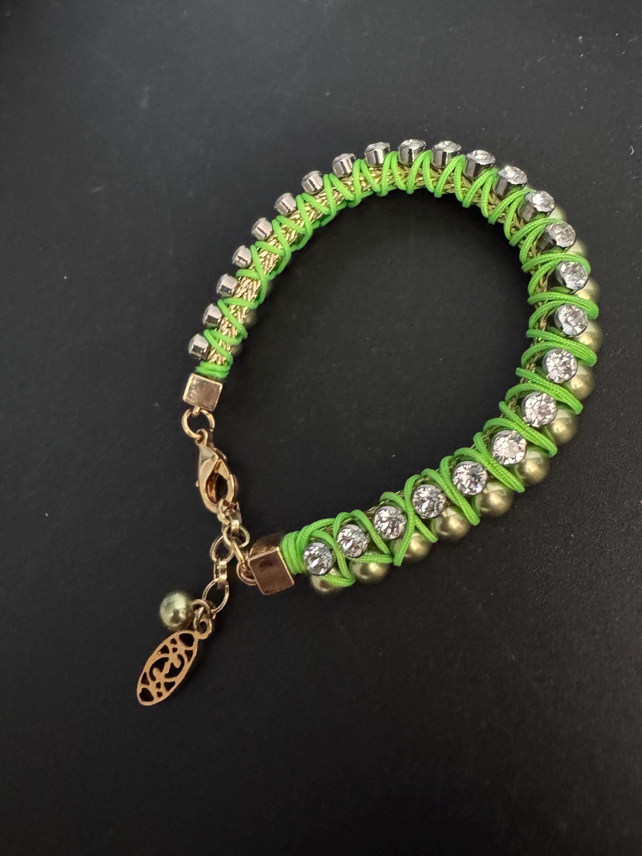 Retro Bright lime green Japanese silk clear Swarovski Crystal diamanté tennis bracelet designer