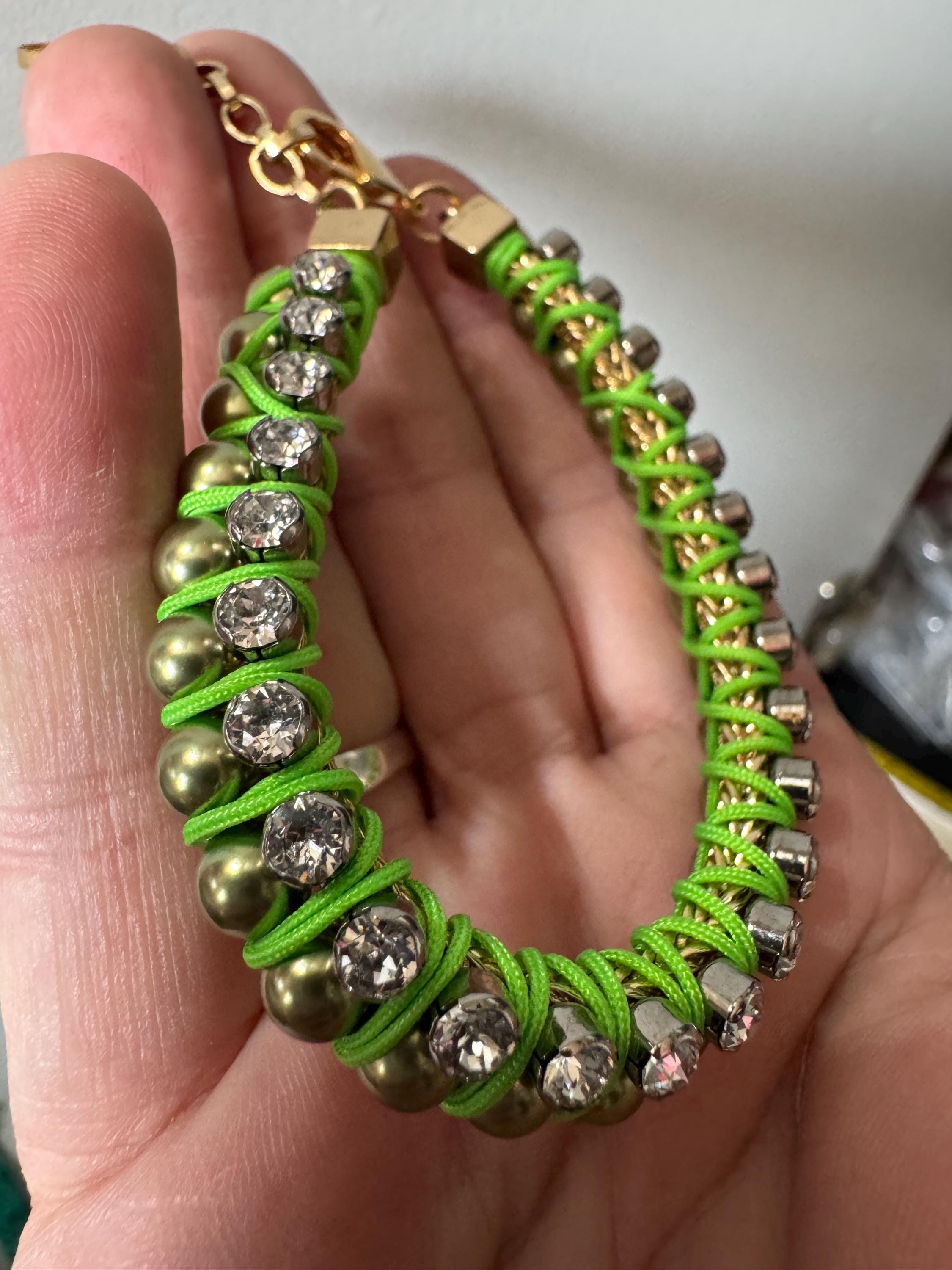 Retro Bright lime green Japanese silk clear Swarovski Crystal diamanté tennis bracelet designer