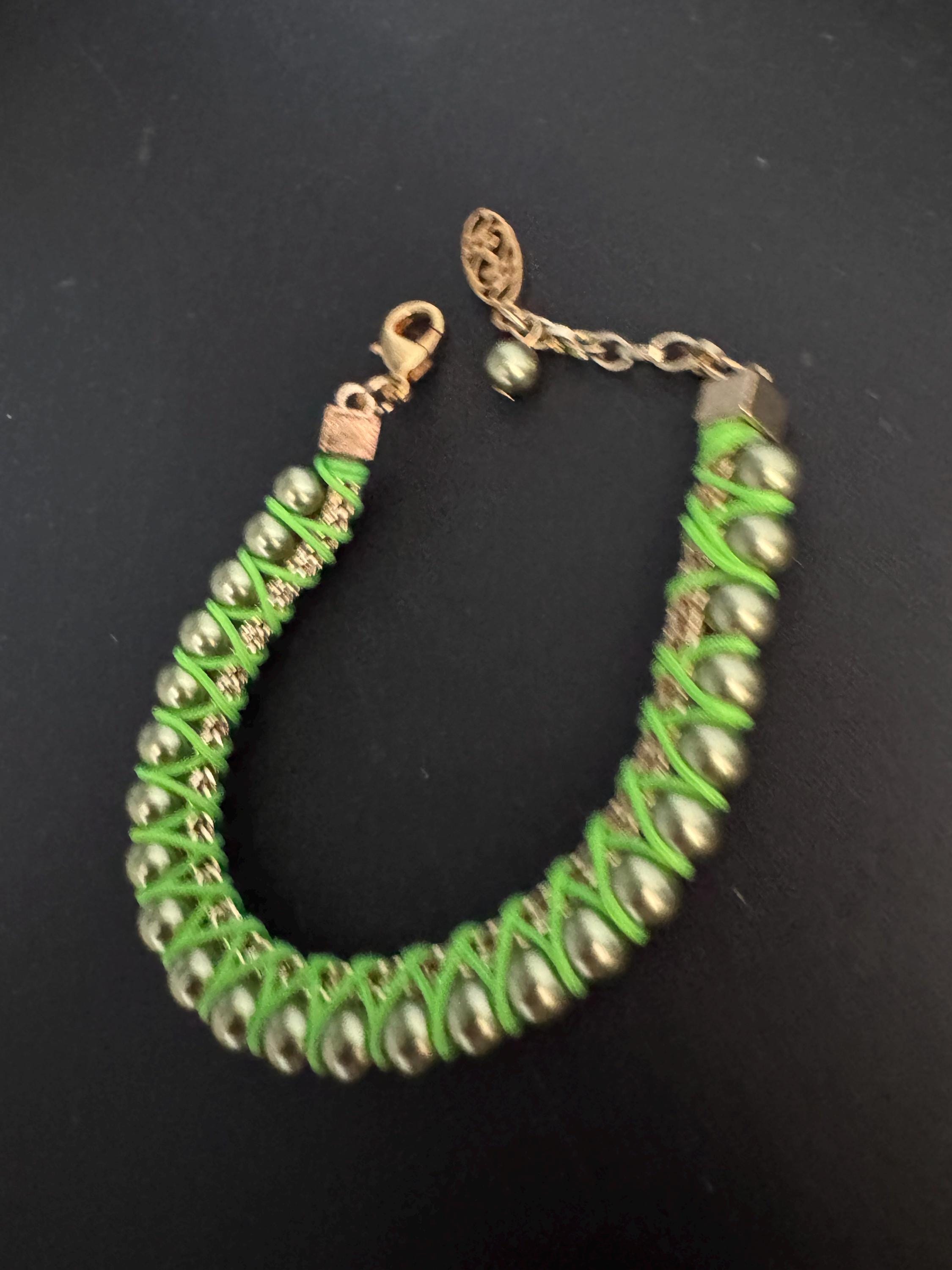 Retro Bright lime green Japanese silk clear Swarovski Crystal diamanté tennis bracelet designer
