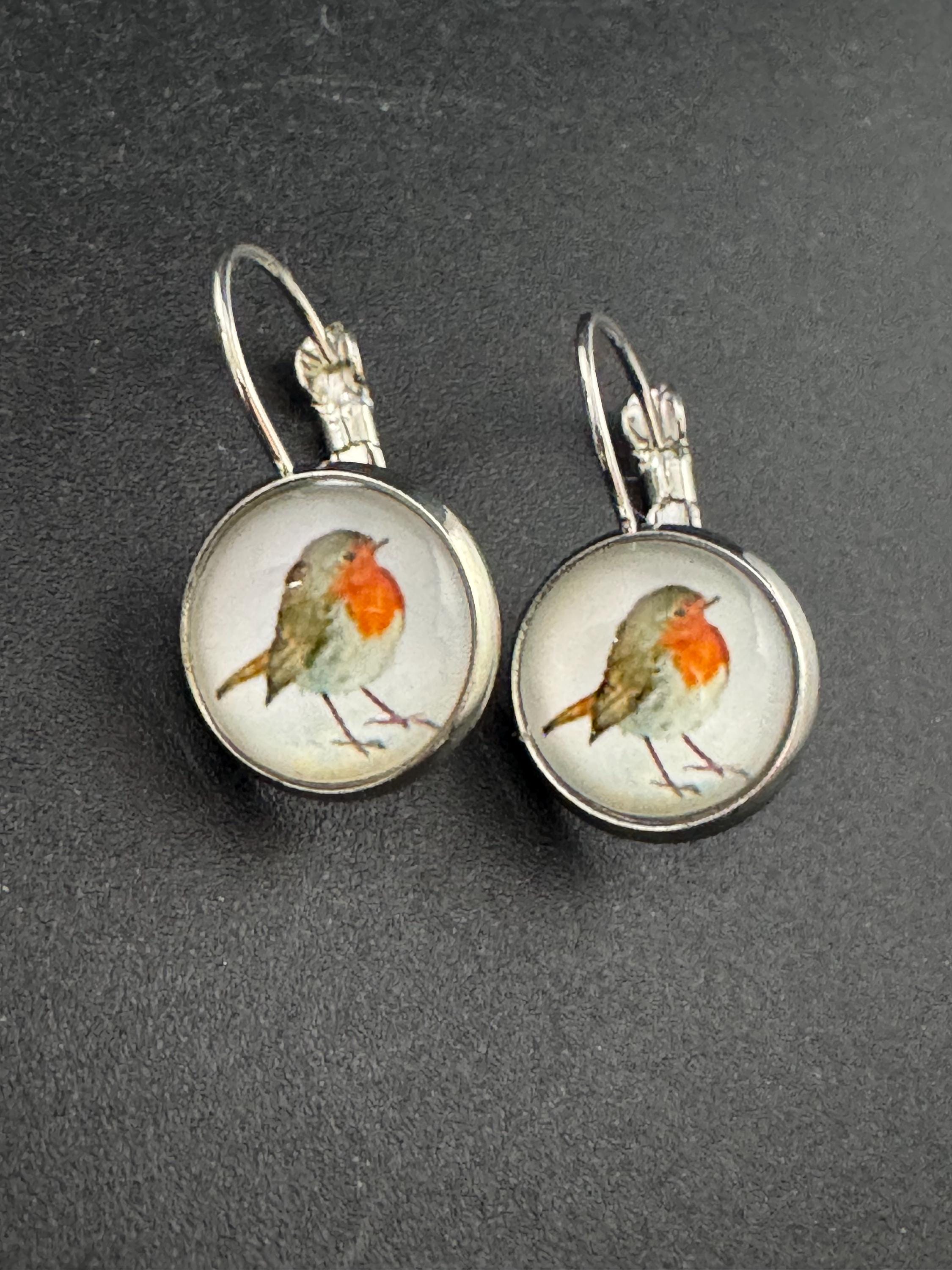 14mm Garden bird Robin redbreast dainty cabochon drop earrings,  silver plated lever back