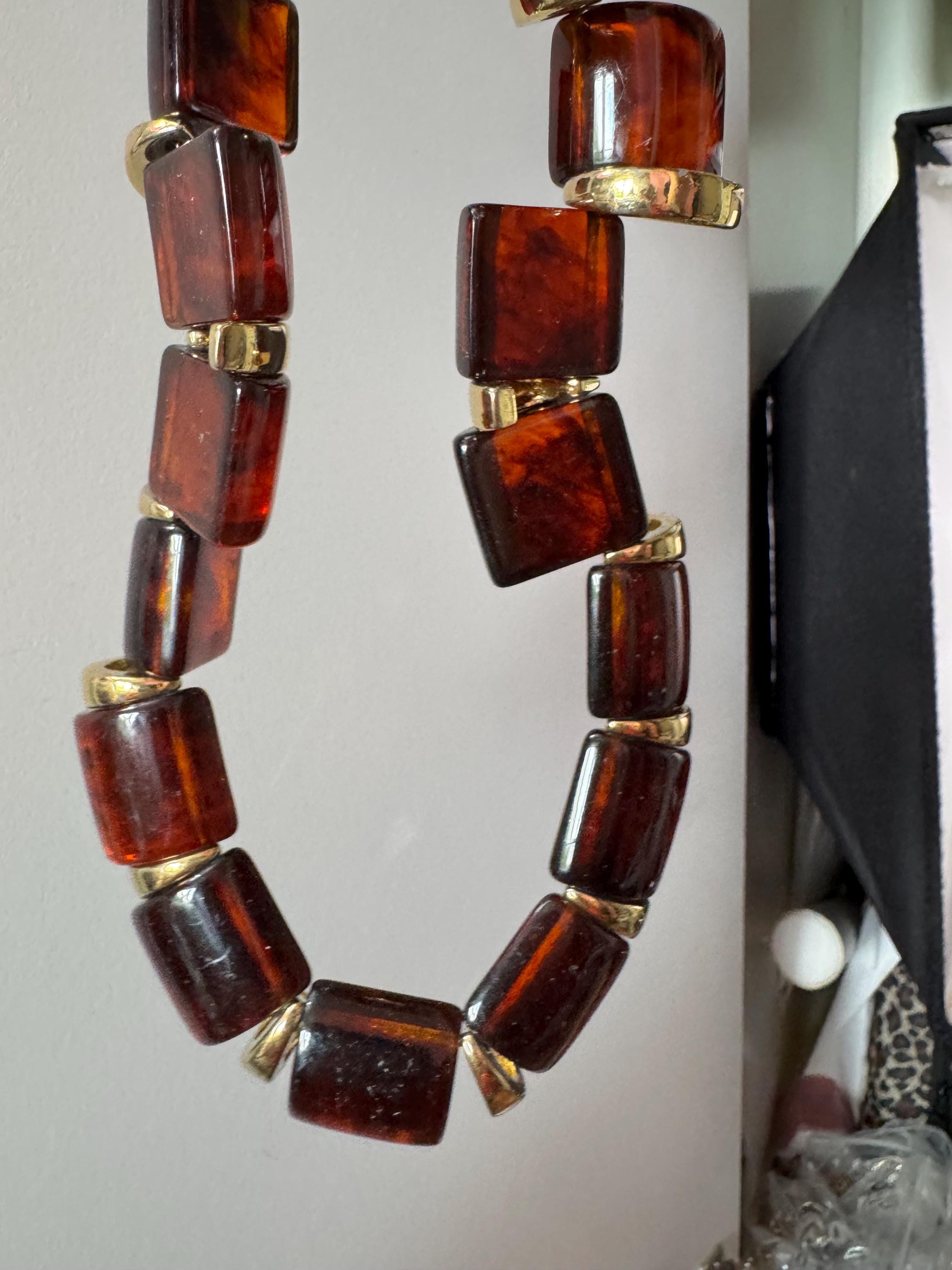 Signed 80s NAPIER Chunky Beaded Choker: Gold Tone, Amber Acrylic
