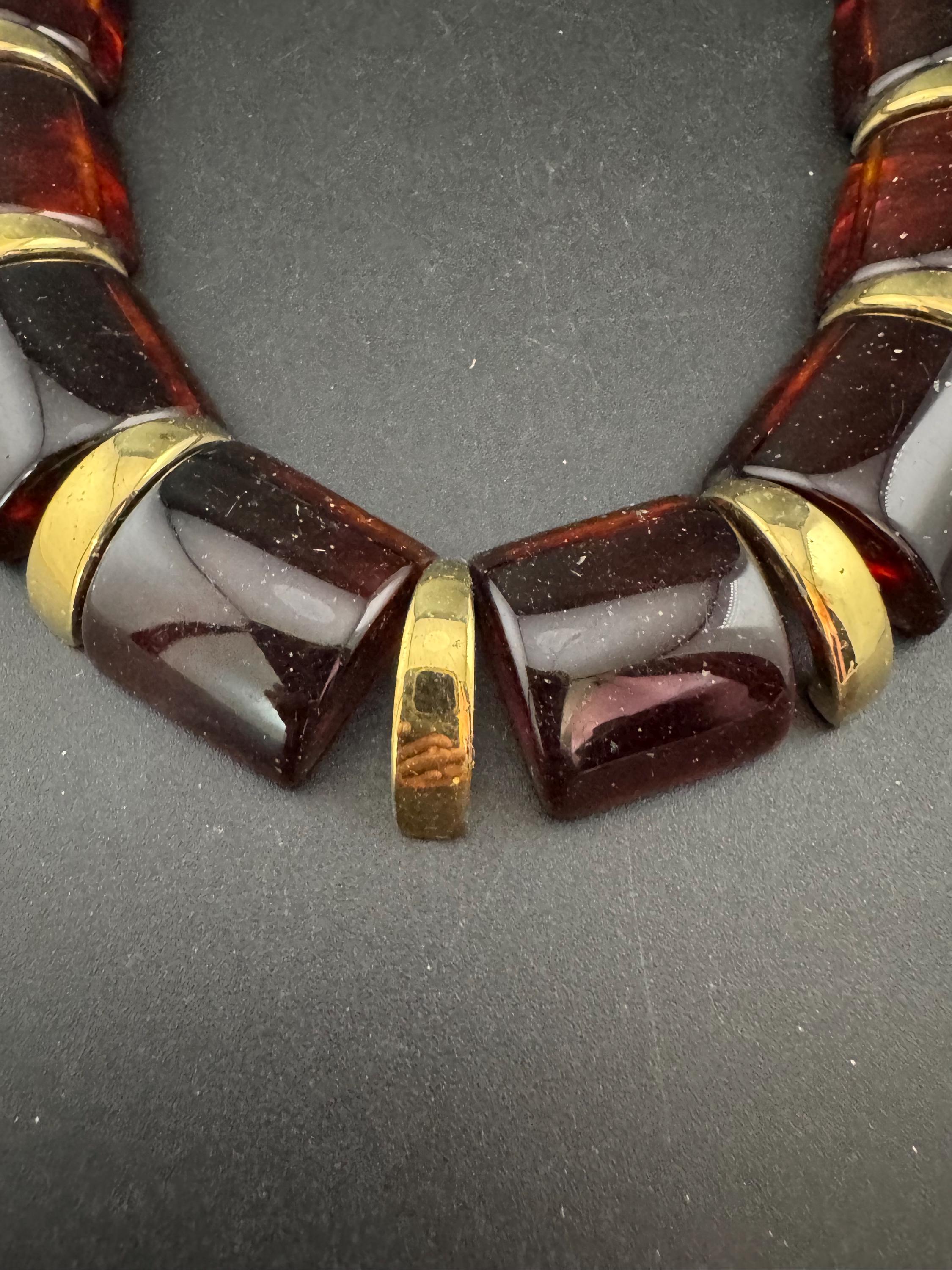 Signed 80s NAPIER Chunky Beaded Choker: Gold Tone, Amber Acrylic