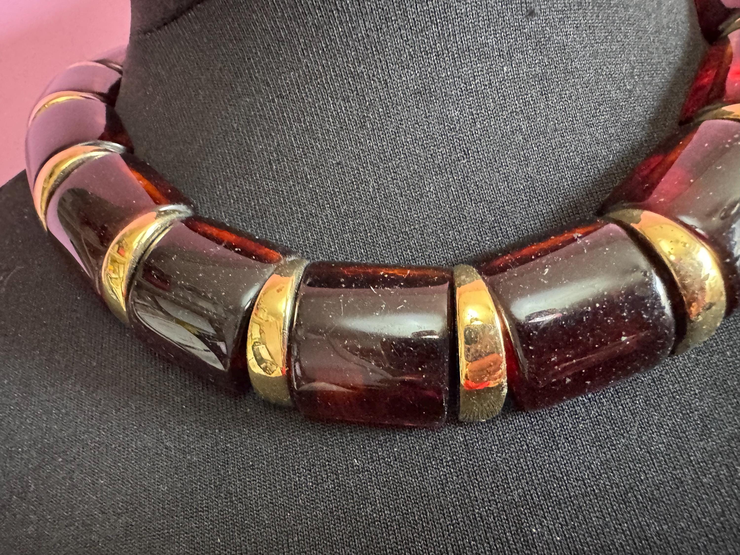 Signed 80s NAPIER Chunky Beaded Choker: Gold Tone, Amber Acrylic