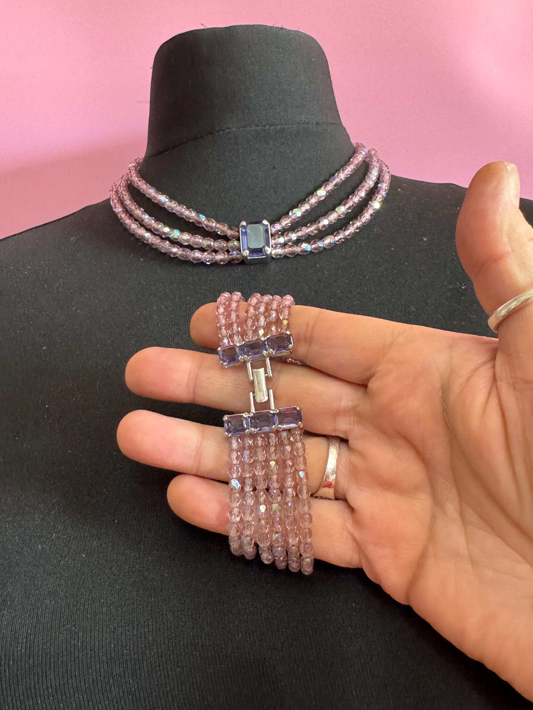 Signed Monet Pink Crystal Necklace Bracelet Set: Aurora Borealis Zircon