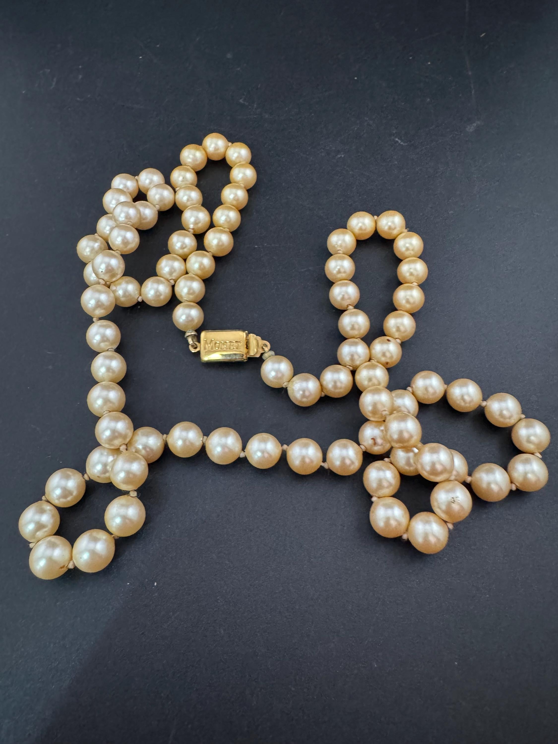 Signed MONET Knotted Glass Pearl Necklace - 75cm Gold Clasp