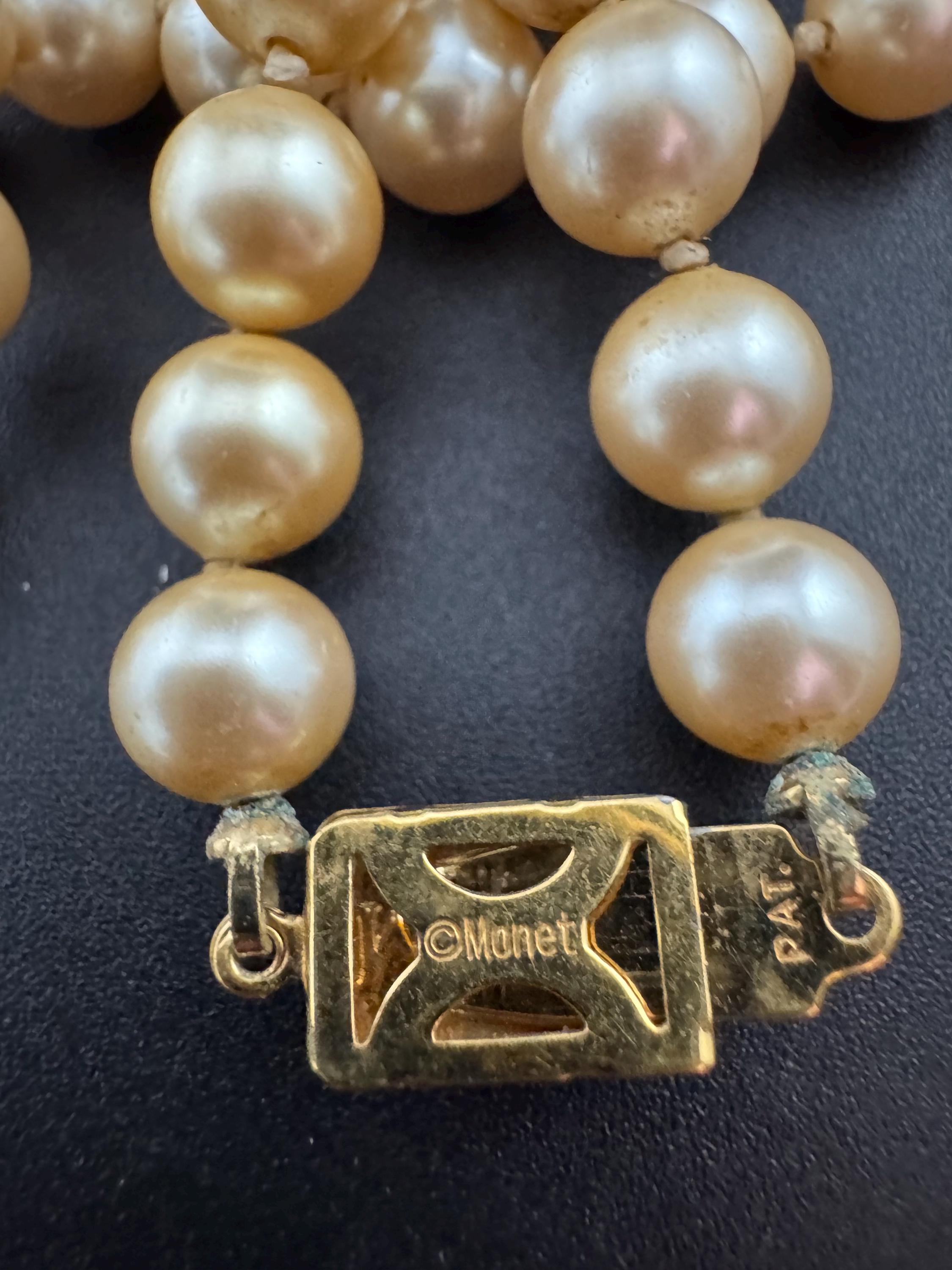 Signed MONET Knotted Glass Pearl Necklace - 75cm Gold Clasp