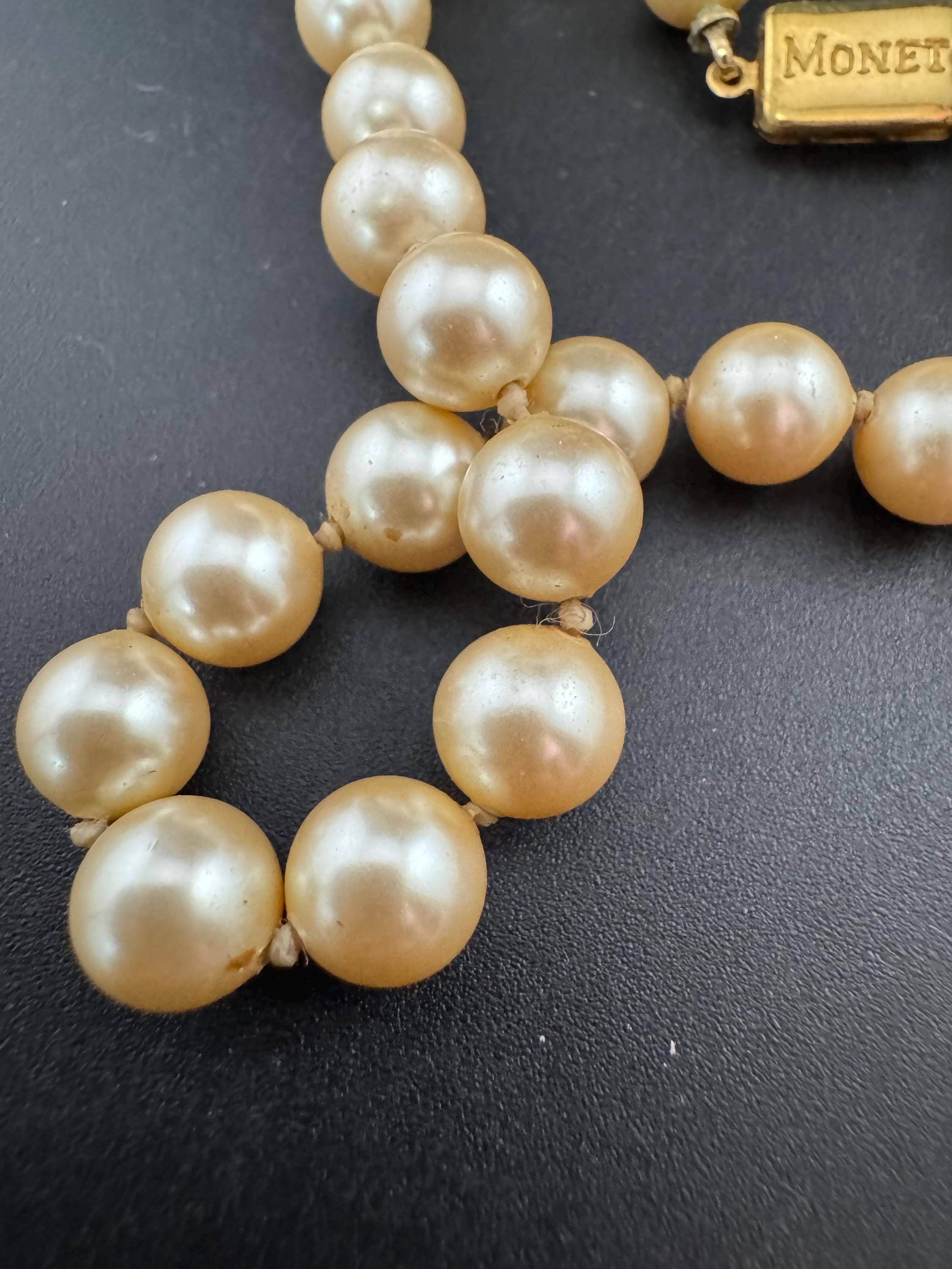 Signed MONET Knotted Glass Pearl Necklace - 75cm Gold Clasp