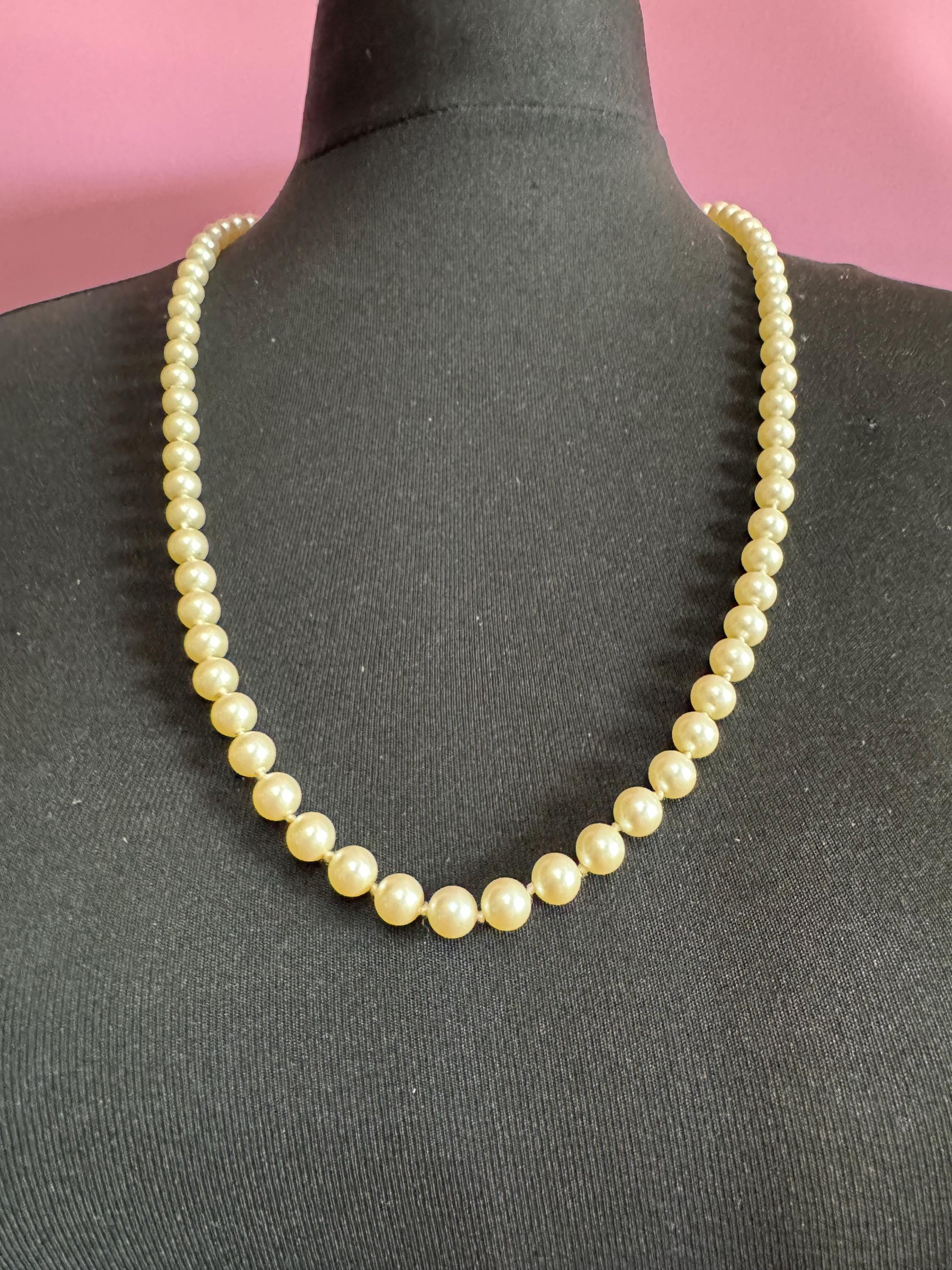 Signed MONET Oyster Cream Glass Pearl Necklace: Knotted Single Strand