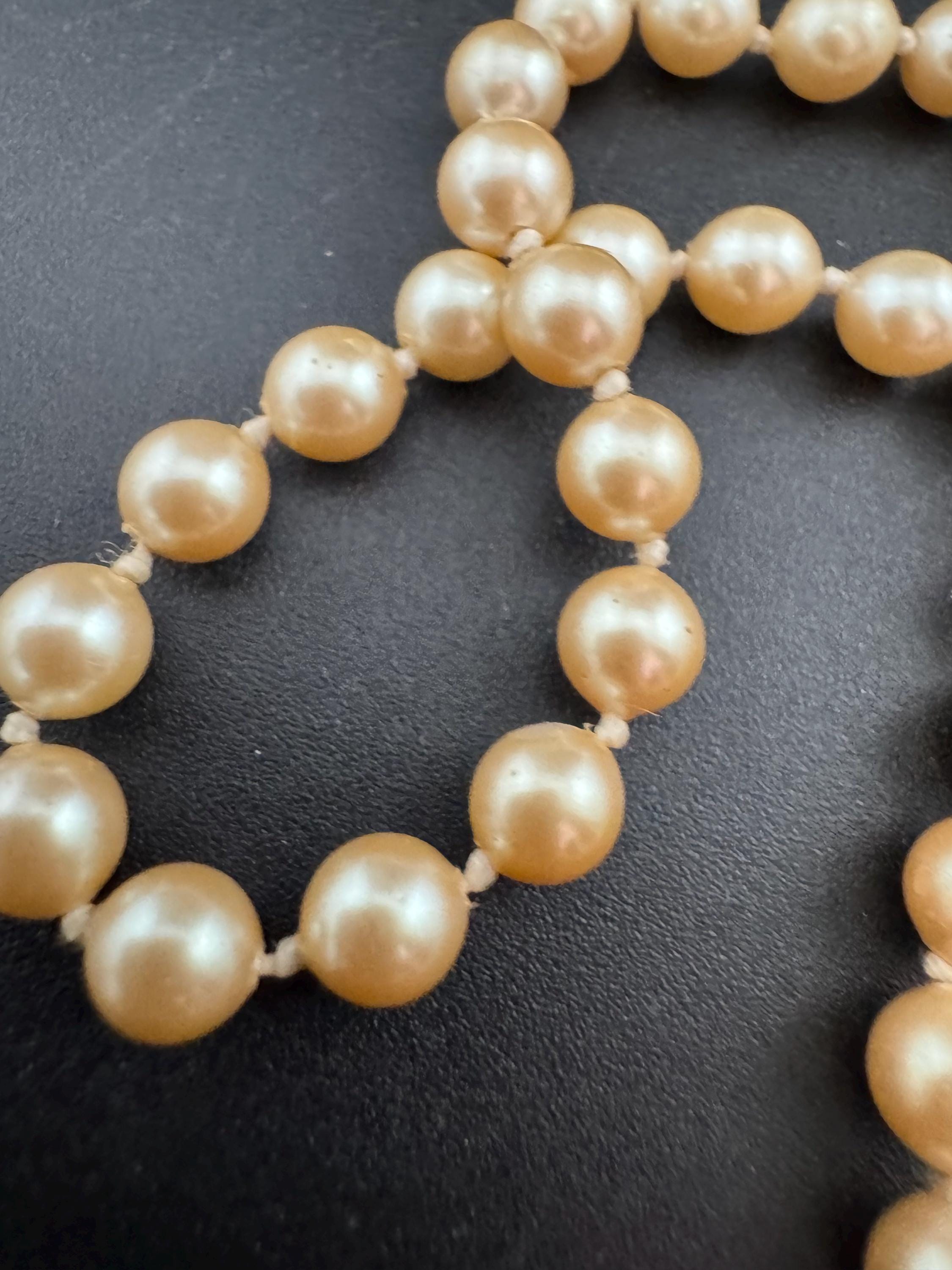 Vintage signed MONET Oyster Cream Pearl Necklace: Knotted Glass, Gold Clasp