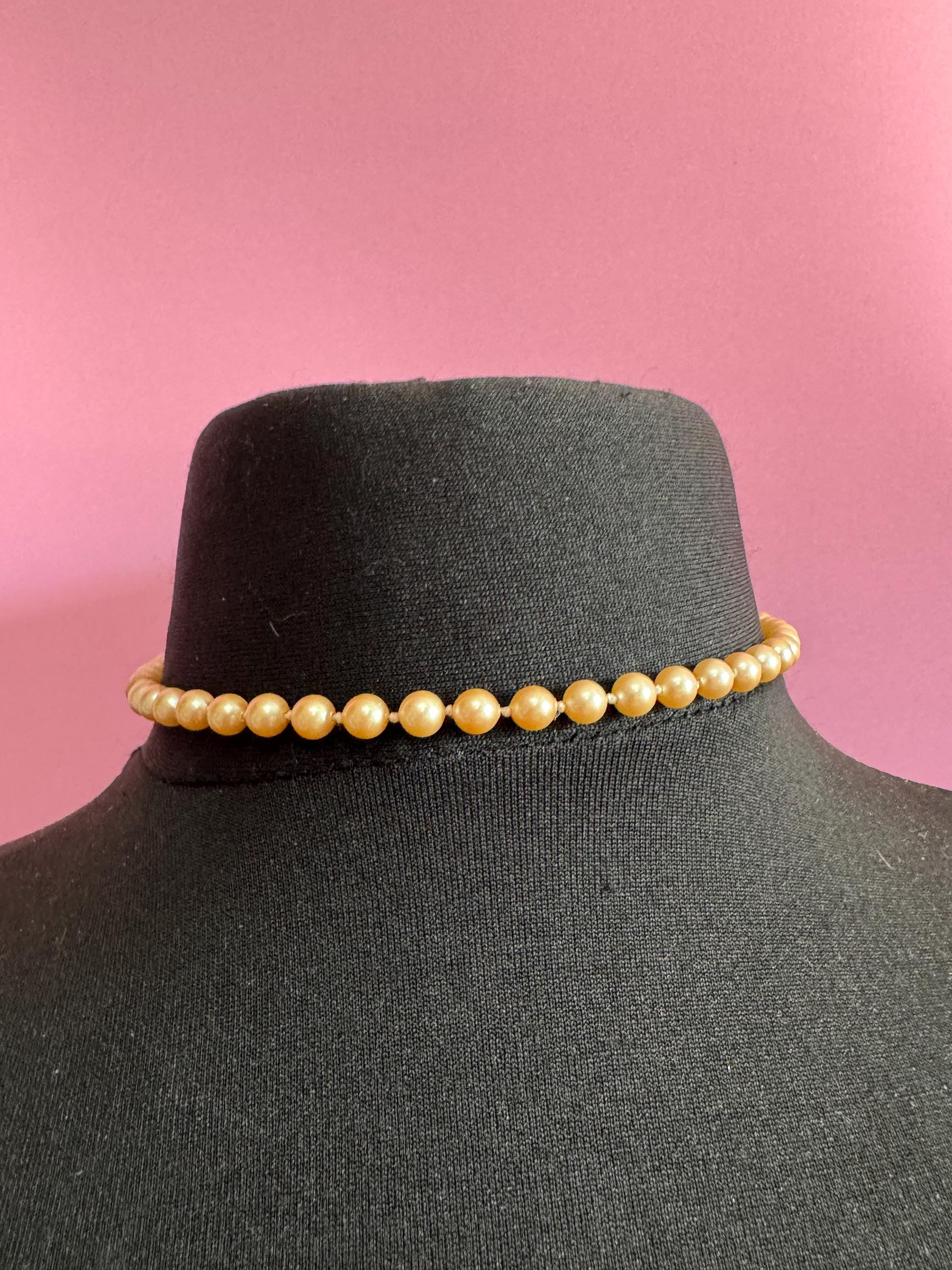 Vintage signed MONET Oyster Cream Pearl Necklace: Knotted Glass, Gold Clasp