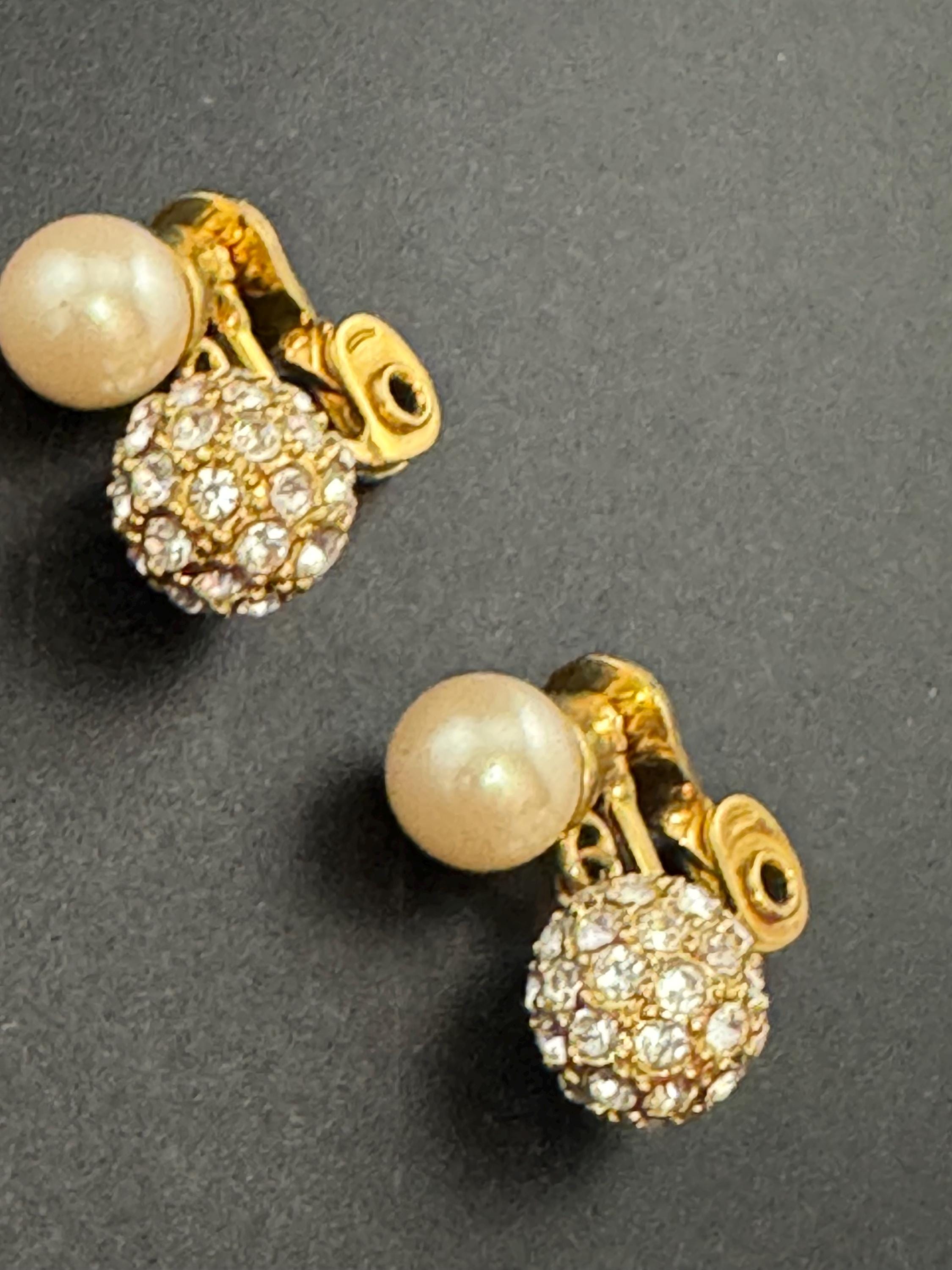Vintage Monet Gold Plated Faux Pearl Diamanté Clip On Earrings signed