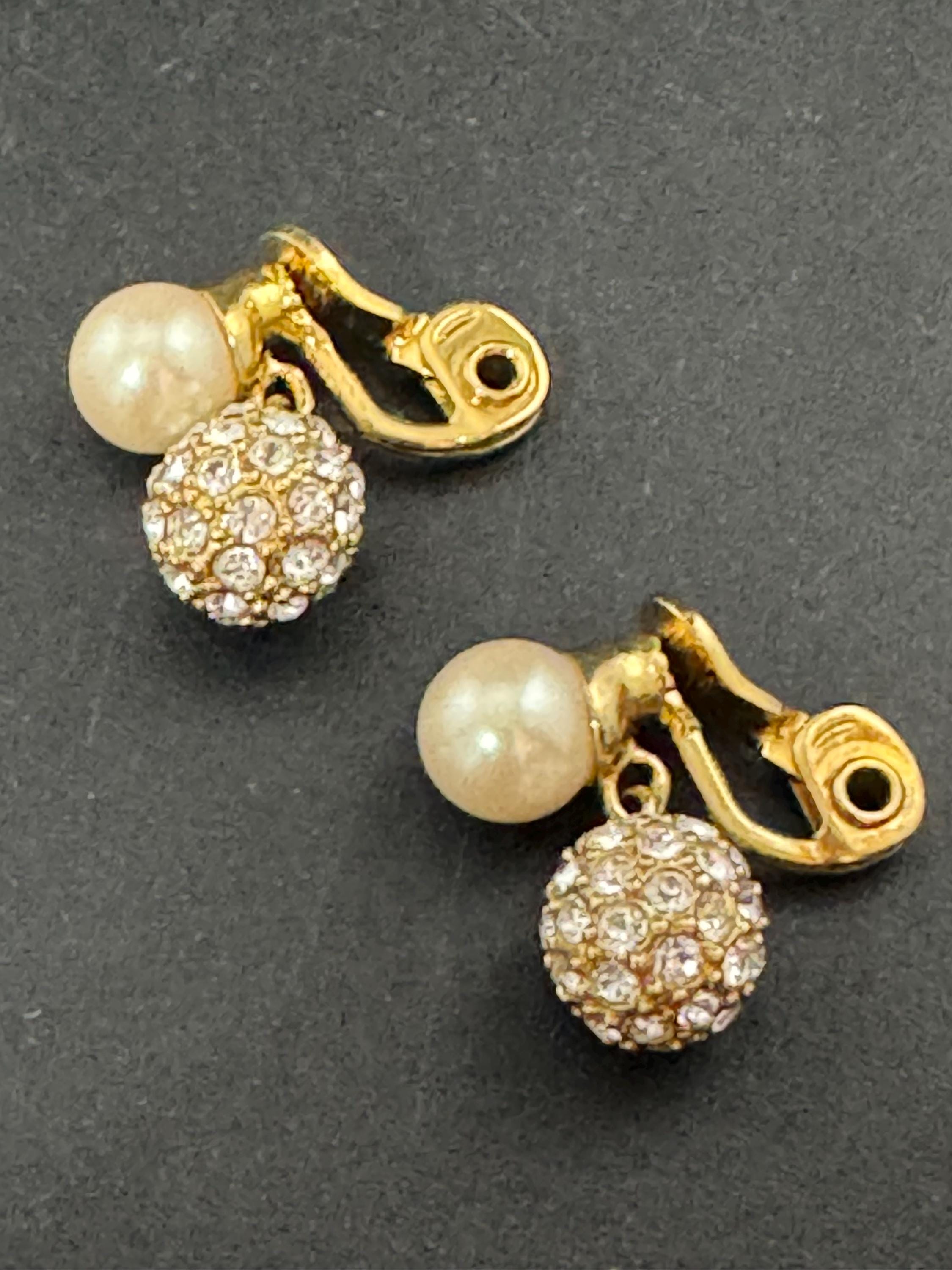 Vintage Monet Gold Plated Faux Pearl Diamanté Clip On Earrings signed